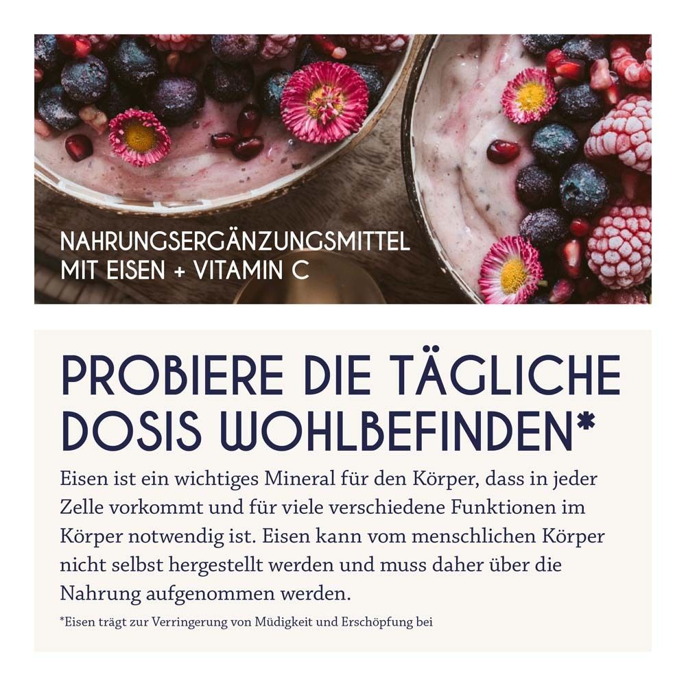 Texte sur les compléments alimentaires avec fer + vitamine C. Texte sur la dose quotidienne de bien-être. Fer pour le corps.