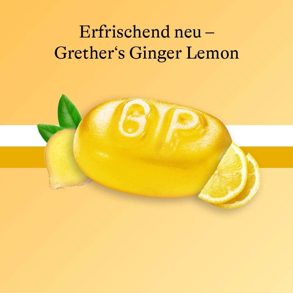 Pastille jaune avec 'GP' et citron, gingembre. Inscription: Grether's Ginger Lemon. Fond jaune.