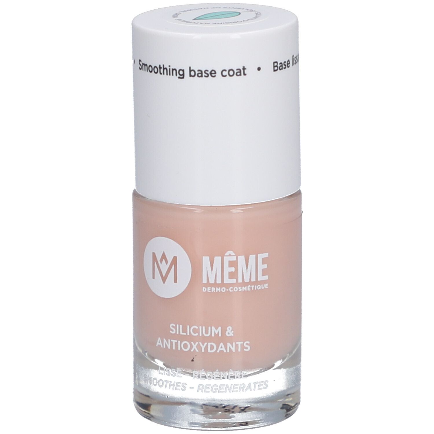 Base lissante pour ongles avec bouchon blanc. Inscription: MEME, Silicium & Antioxidants. Lisse et régénère.