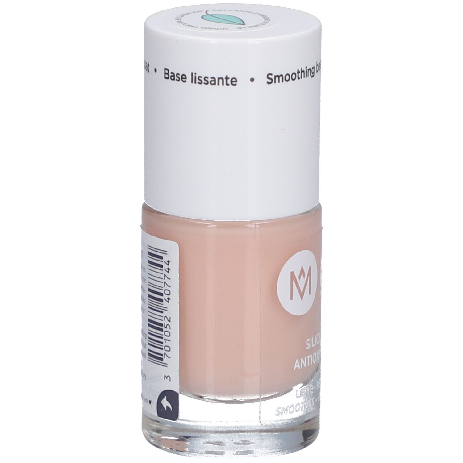 Base lissante pour ongles avec bouchon blanc. Inscription: MEME, Silicium & Antioxidants. Lisse et régénère.