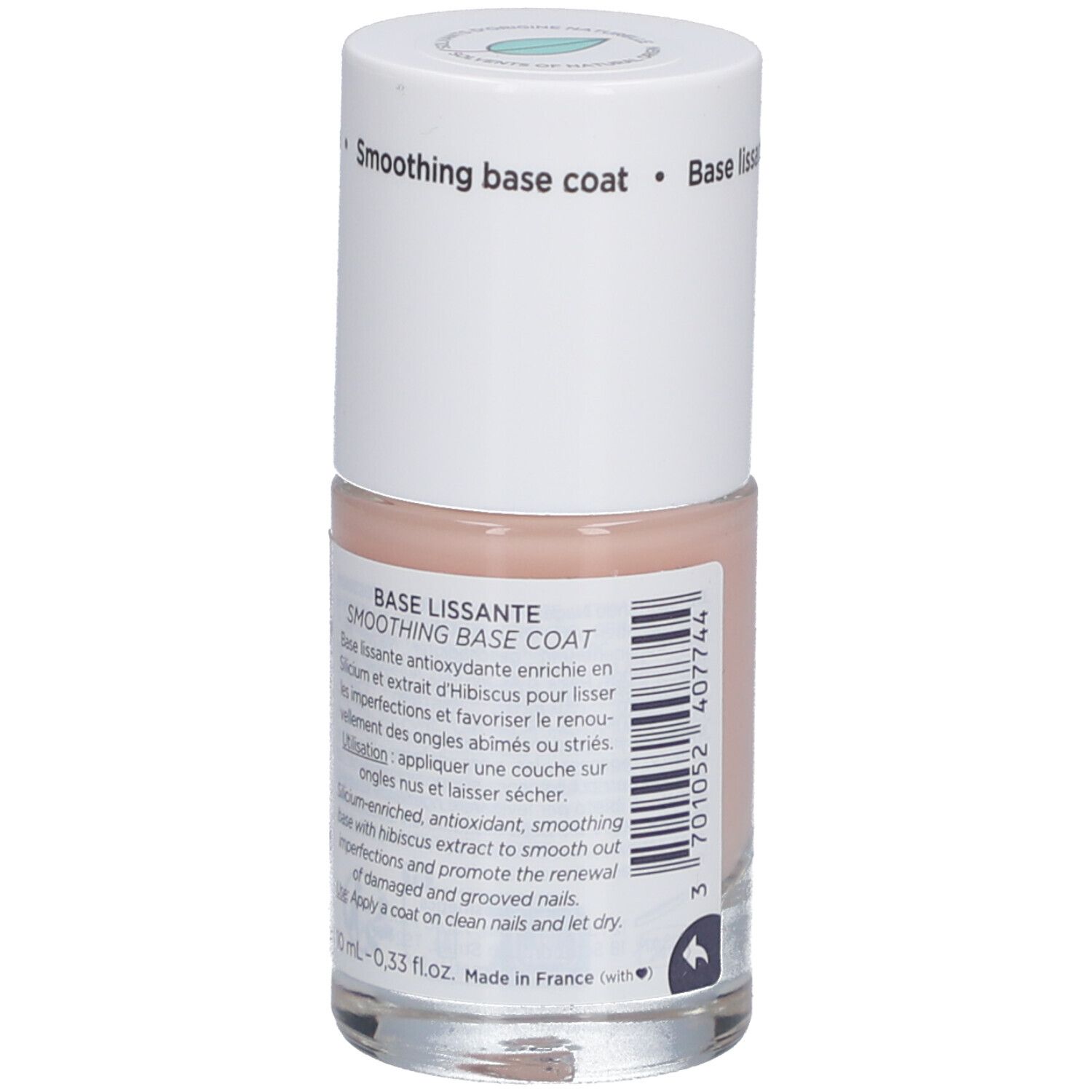 Base lissante pour ongles avec bouchon blanc. Texte au dos et code-barres. Lisse et régénère.
