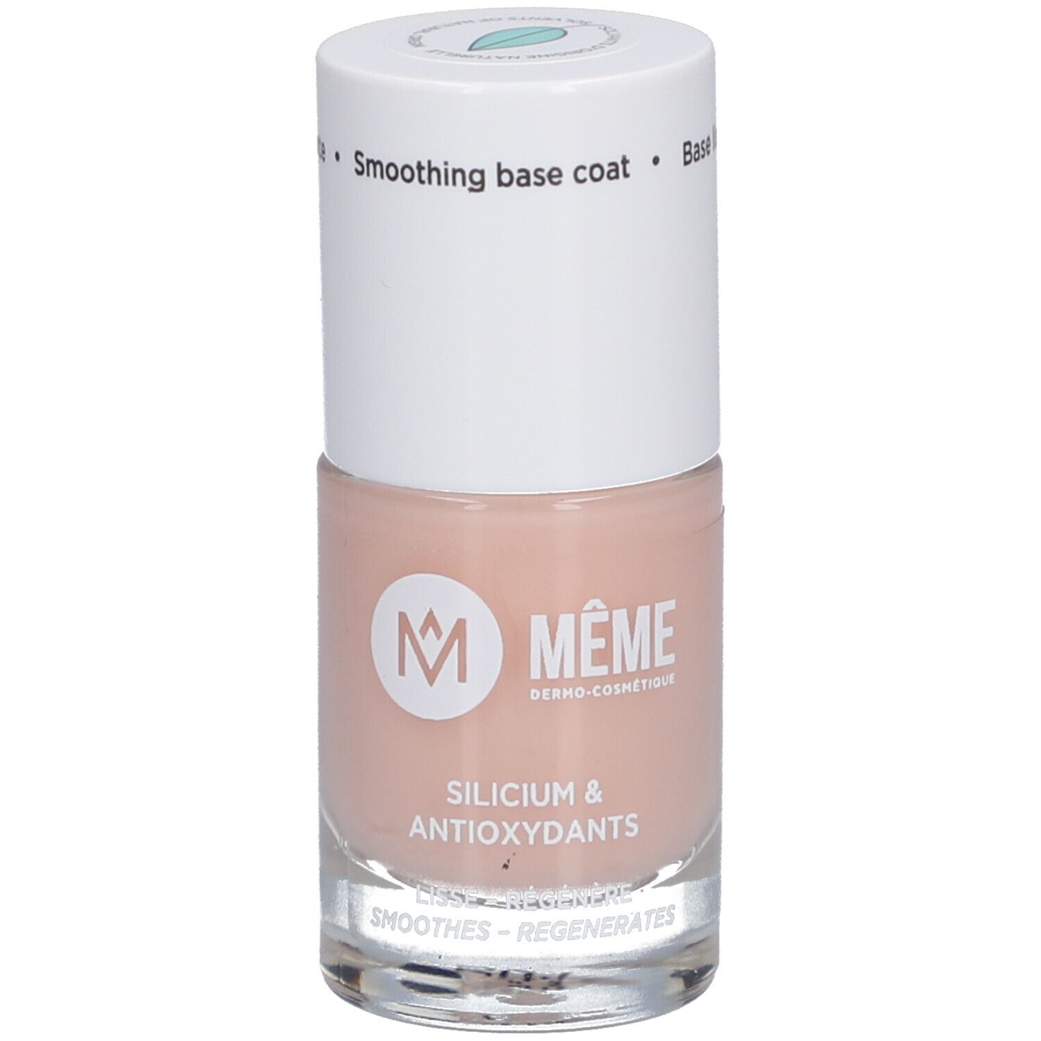 Base lissante pour ongles avec bouchon blanc. Inscription: MEME, Silicium & Antioxidants. Lisse et régénère.