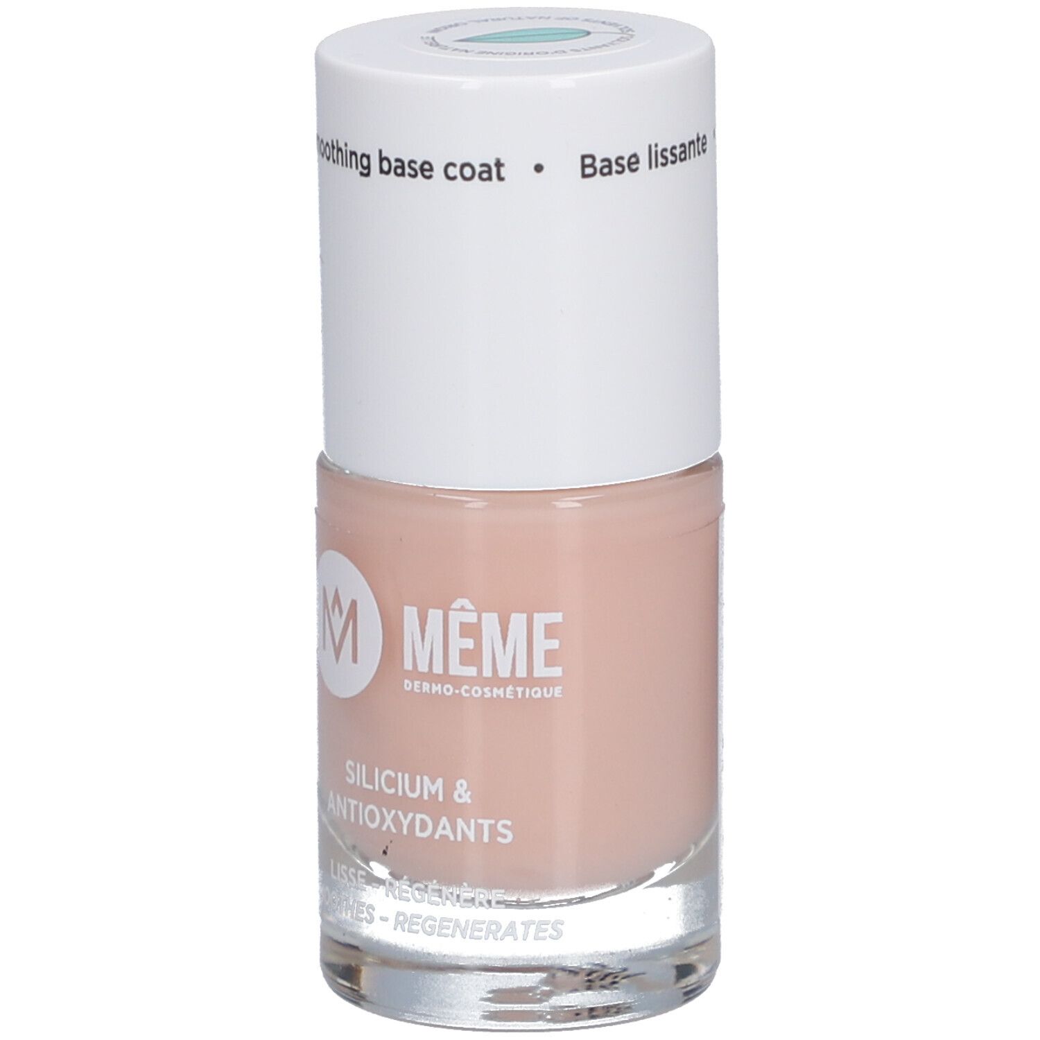 Base lissante pour ongles avec bouchon blanc. Inscription: MEME, Silicium & Antioxidants. Lisse et régénère.