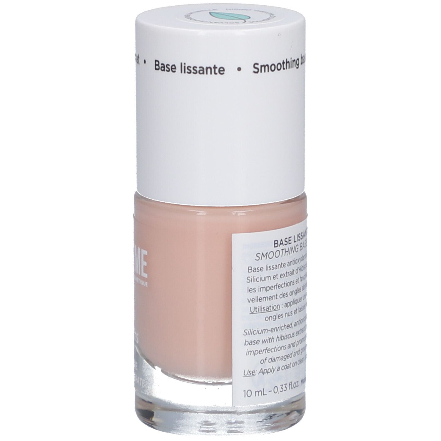 Base lissante pour ongles avec bouchon blanc. Texte au dos. Lisse et régénère.