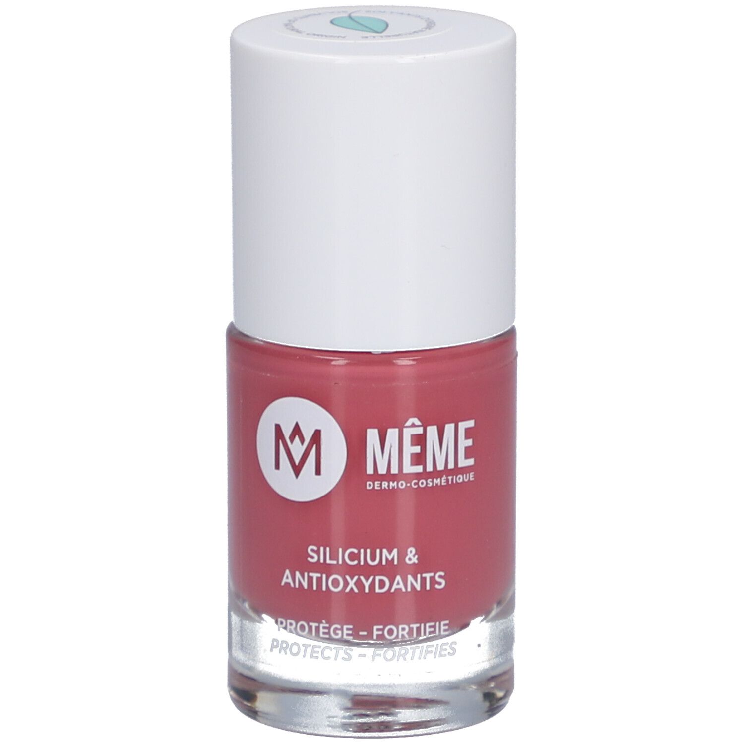 Flacon de vernis à ongles rose. Bouchon blanc, logo et texte: MEME, Silicium & Antioxidants.