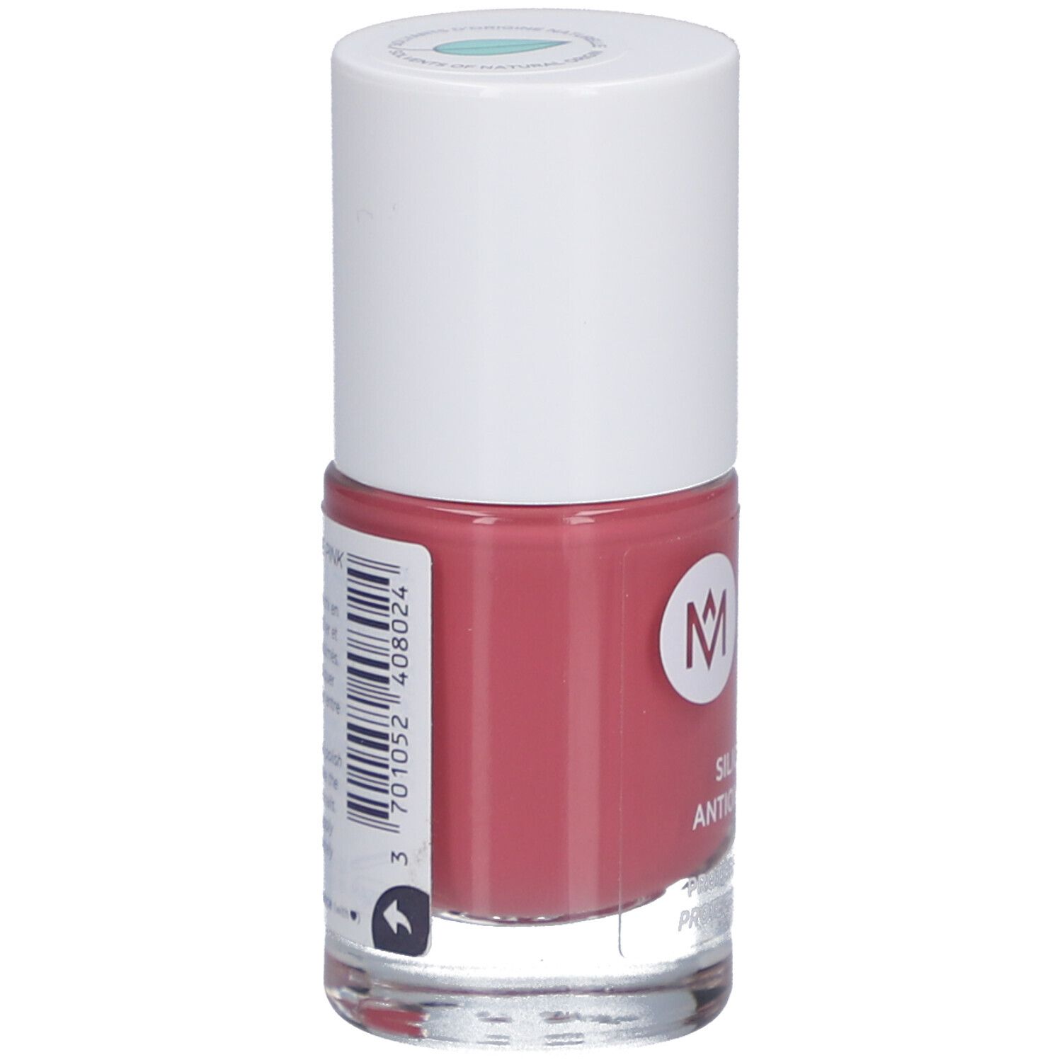 Flacon de vernis à ongles rose. Bouchon blanc, logo et texte: MEME, Silicium & Antioxidants.
