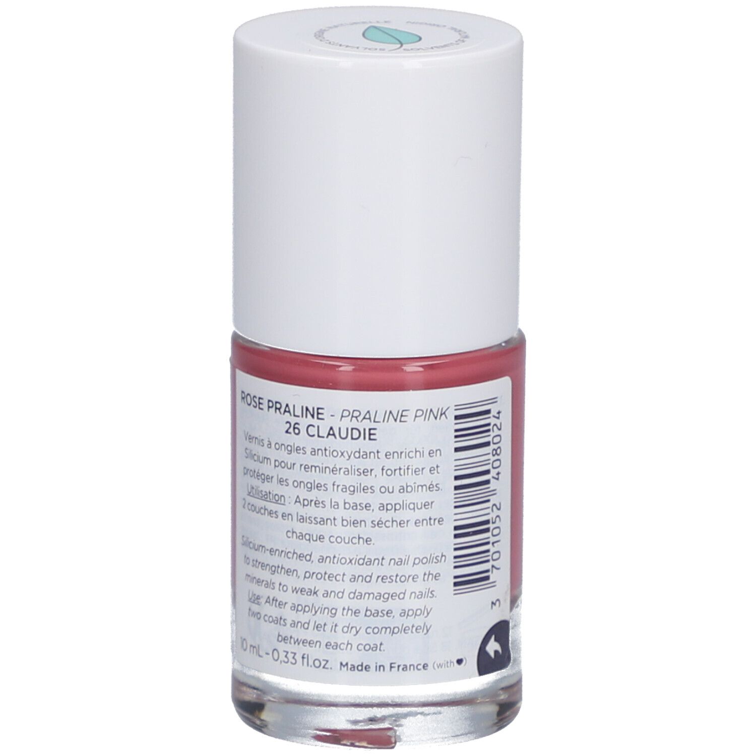 Flacon de vernis à ongles rose. Dos avec texte: Rose Praline 26 Claudie. Code-barres et texte.