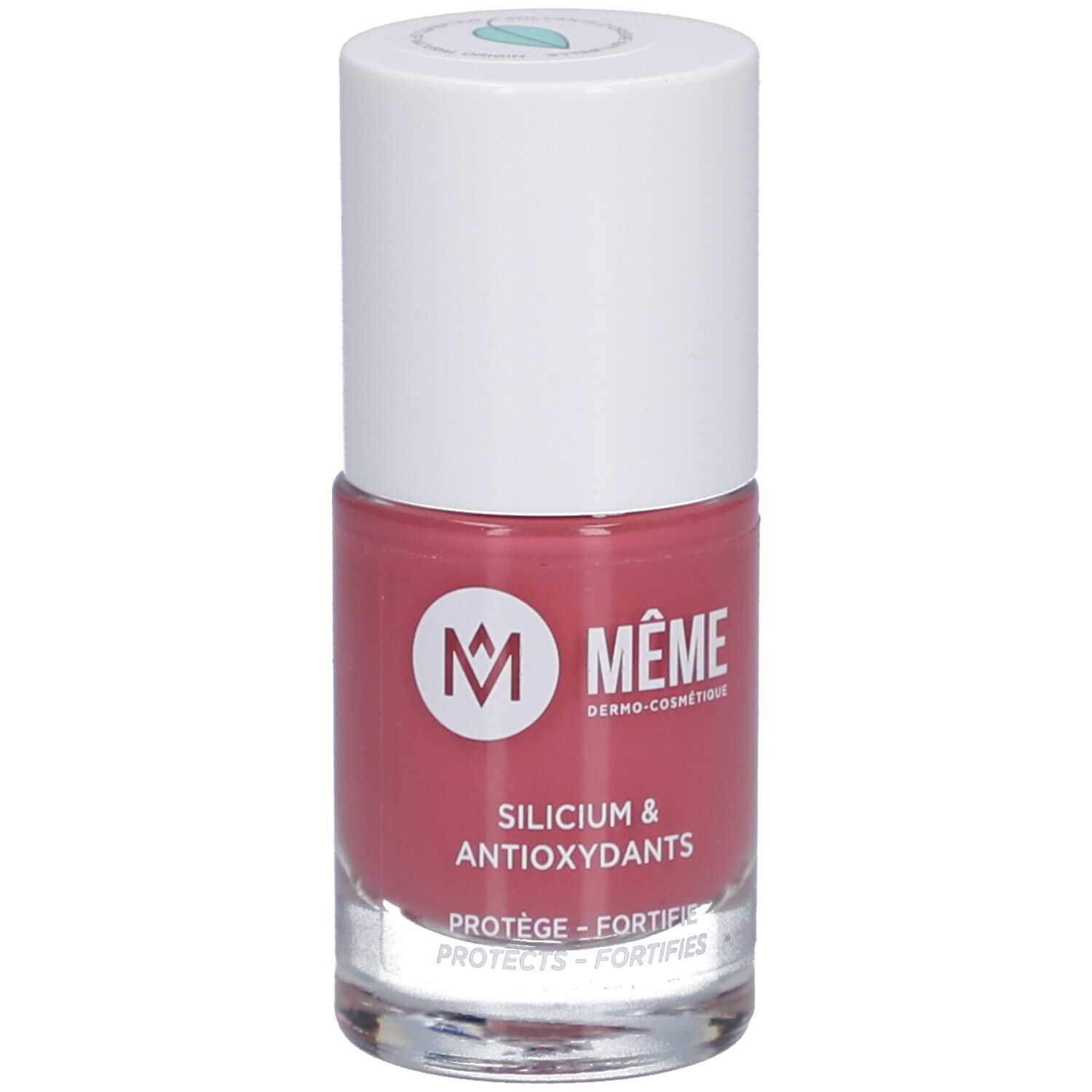 Flacon de vernis à ongles rose. Bouchon blanc, logo et texte: MEME, Silicium & Antioxidants.
