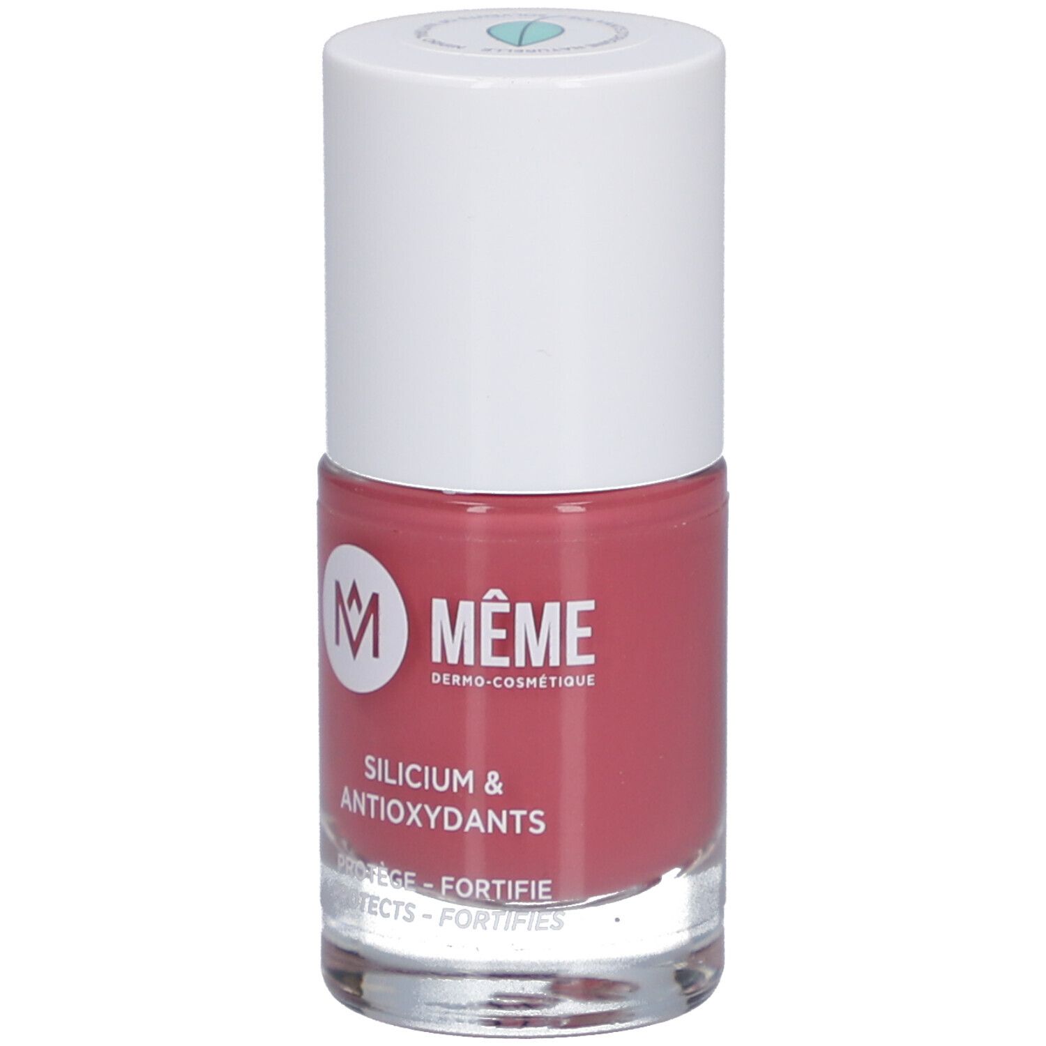 Flacon de vernis à ongles rose. Bouchon blanc, logo et texte: MEME, Silicium & Antioxidants.