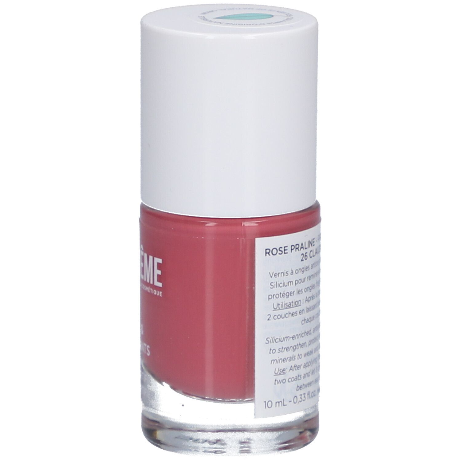 Flacon de vernis à ongles rose. Dos avec texte: Rose Praline 26 Claudie. Logo MEME.