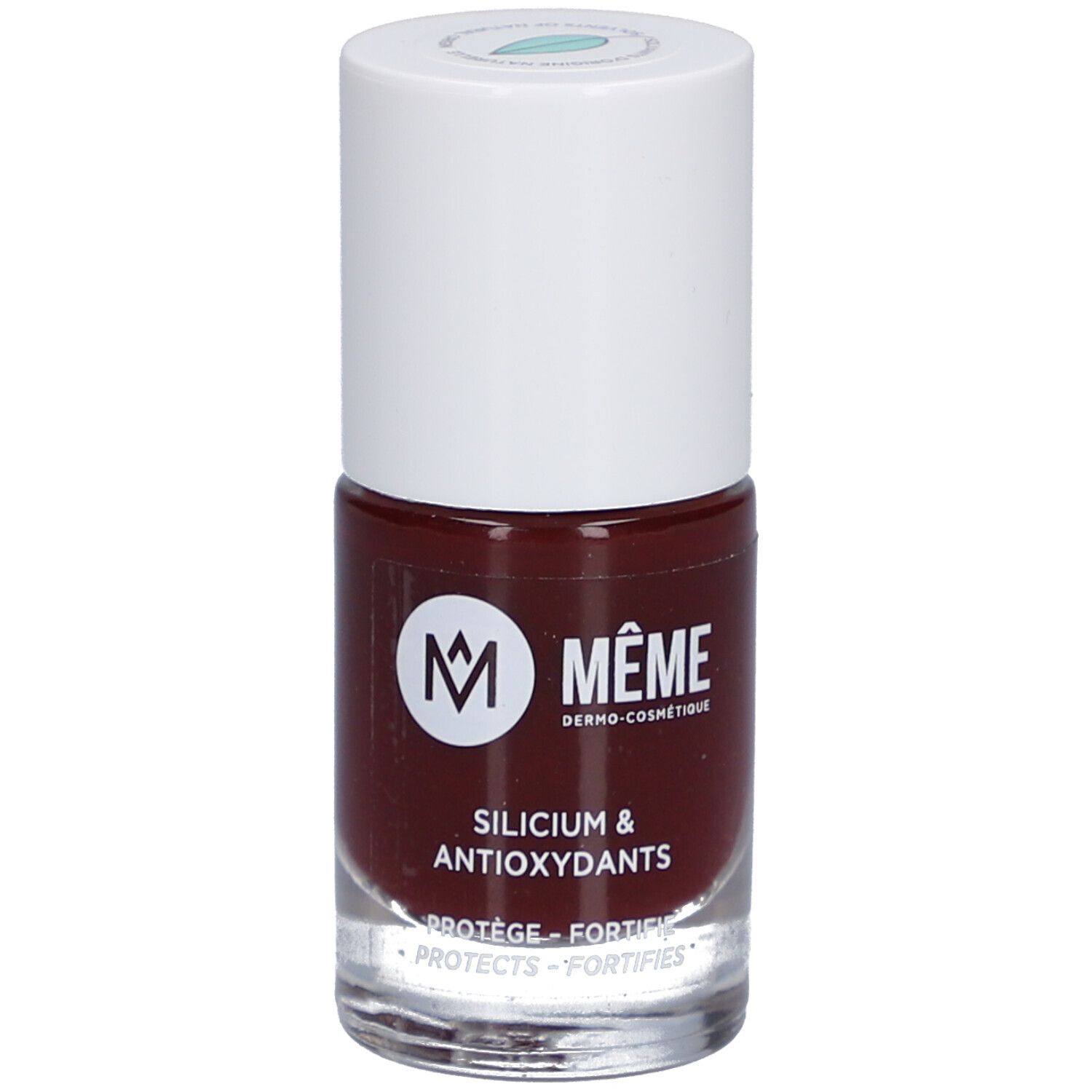 Flacon de vernis à ongles avec bouchon blanc. Inscription : MÊME, Silicium & Antioxydants. Teinte Cassis.