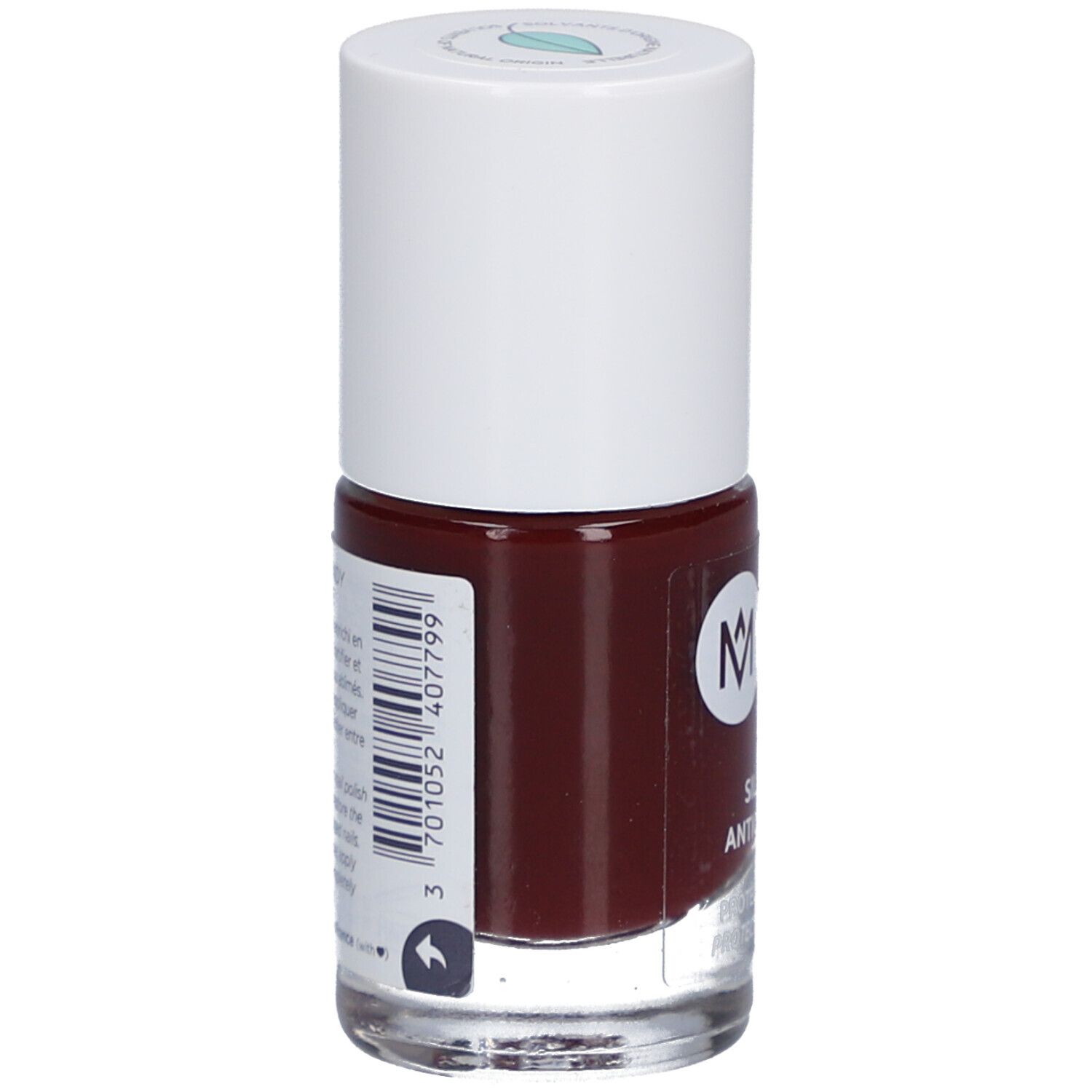Flacon de vernis à ongles, dos. Code-barres et informations produit. Teinte Cassis.