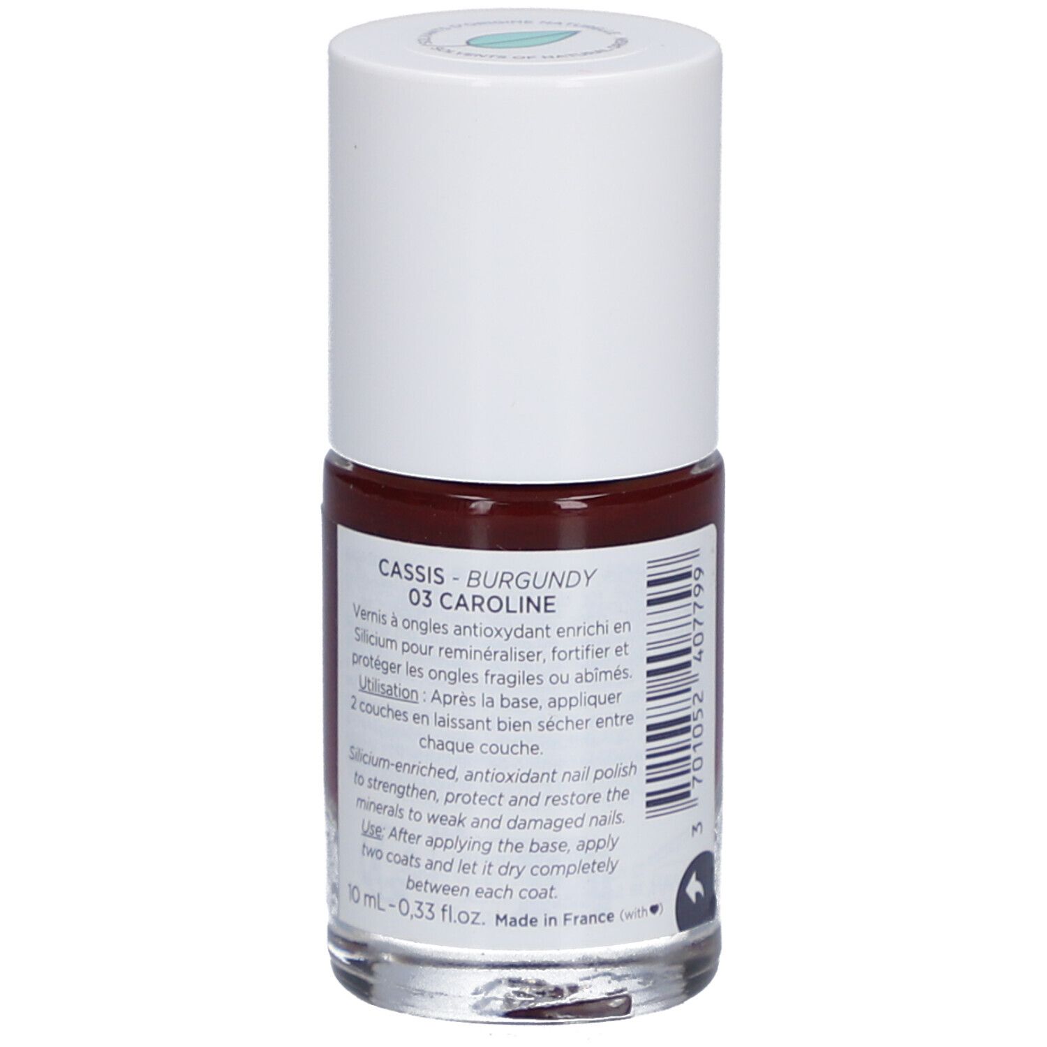 Flacon de vernis à ongles avec informations produit. Teinte Cassis 03 Caroline. 10 ml.