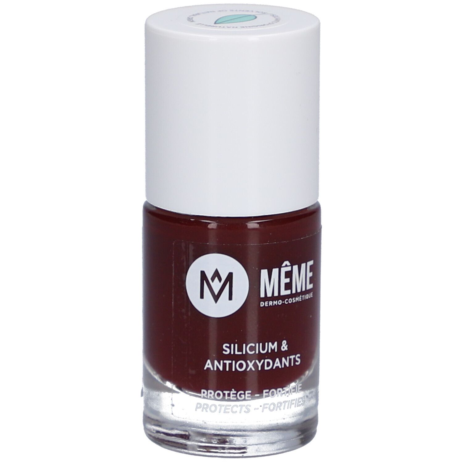 Flacon de vernis à ongles avec bouchon blanc. Inscription : MÊME, Silicium & Antioxydants. Teinte Cassis.
