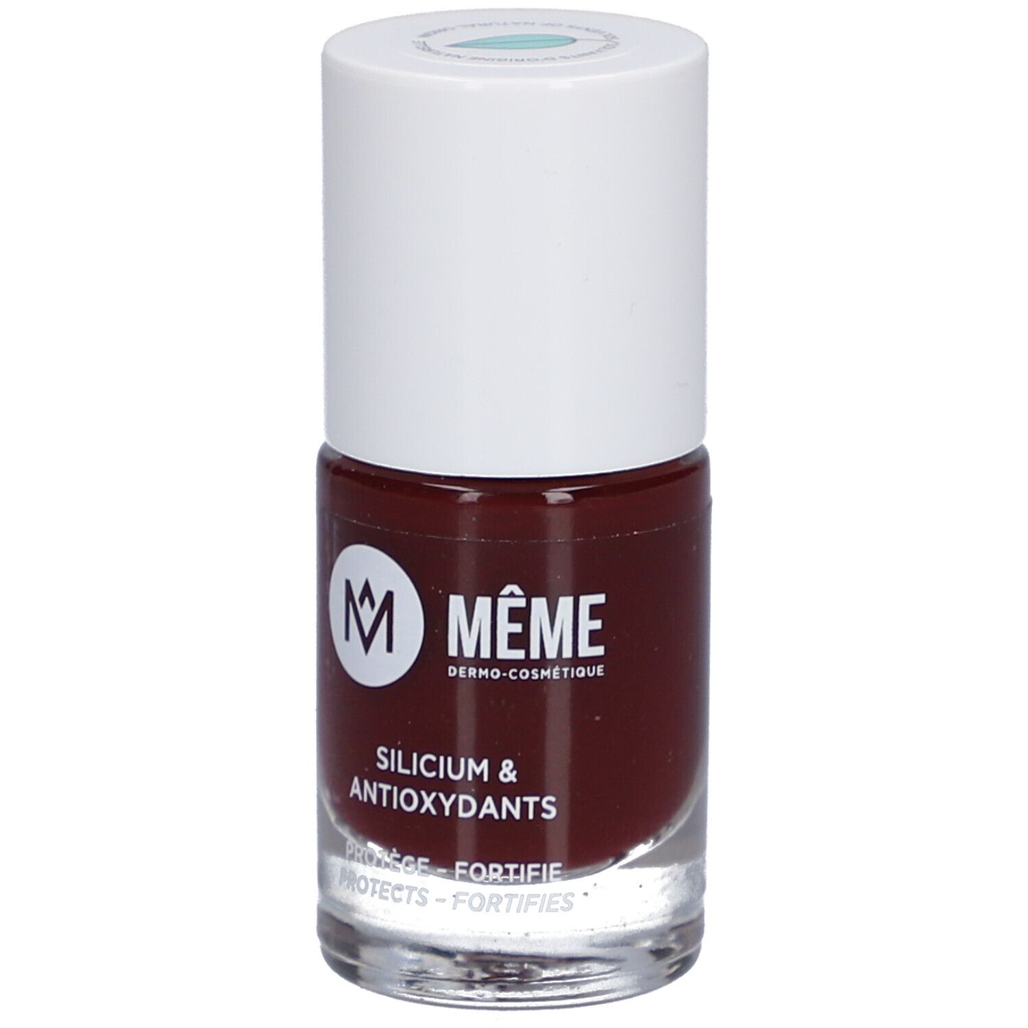 Flacon de vernis à ongles avec bouchon blanc. Inscription : MÊME, Silicium & Antioxydants. Teinte Cassis.