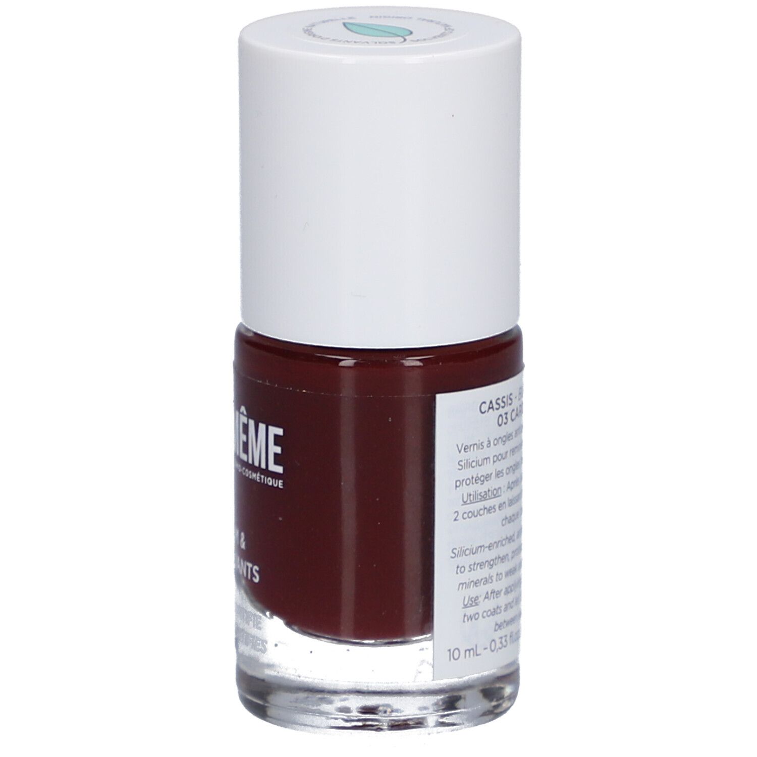 Flacon de vernis à ongles avec informations produit. Teinte Cassis. 10 ml.