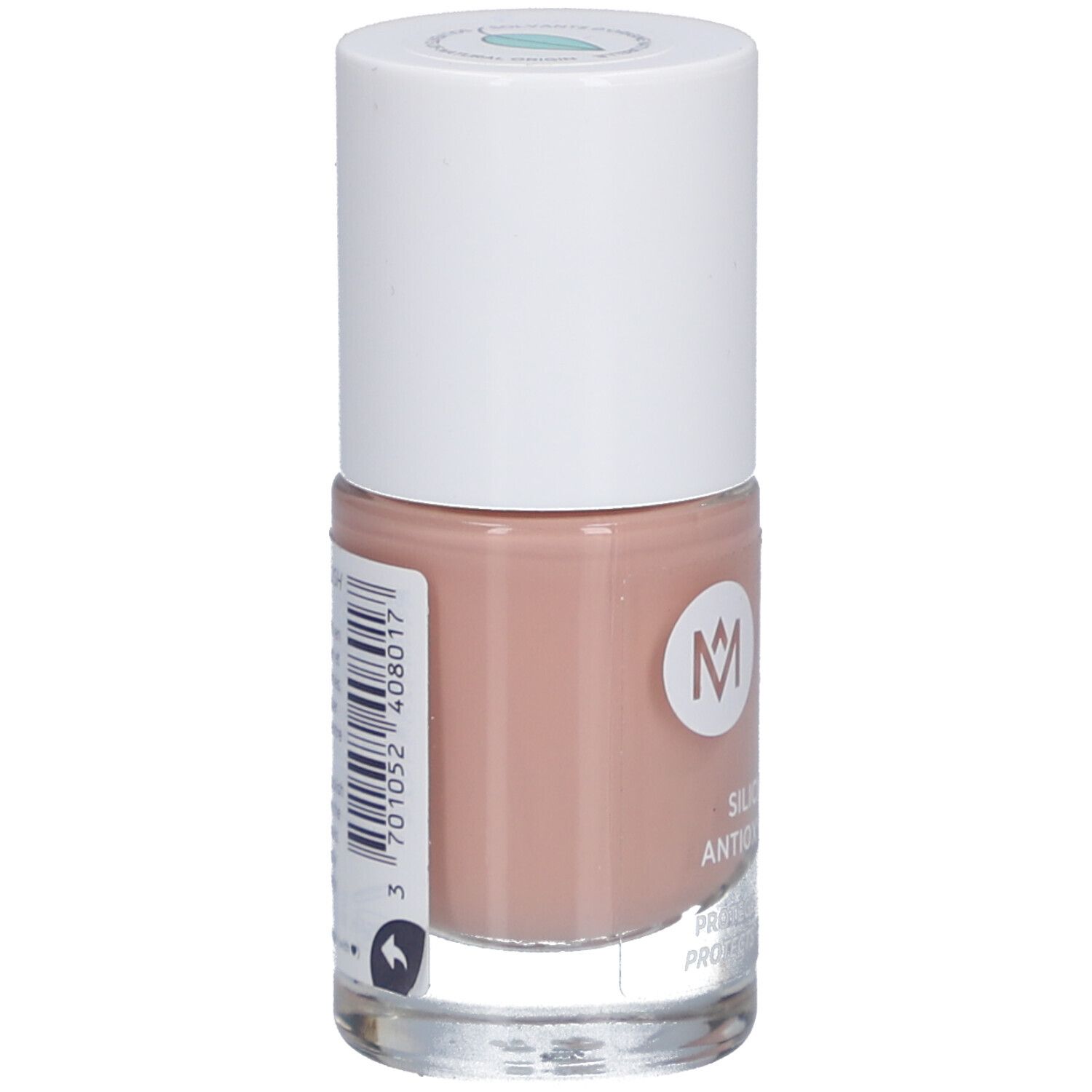Nagellackflasche, beige. Weißer Deckel. Aufschrift: MEME, Silicium & Antioxidantien. Rückseite mit Barcode.