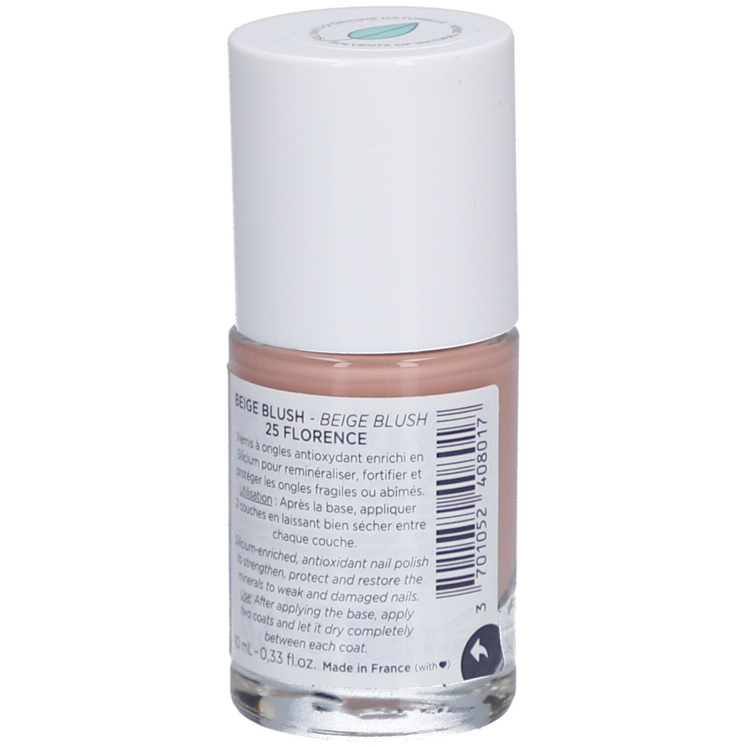 Nagellackflasche, beige. Weißer Deckel. Aufschrift: Beige Blush 25 Florence. Rückseite mit Text und Barcode.