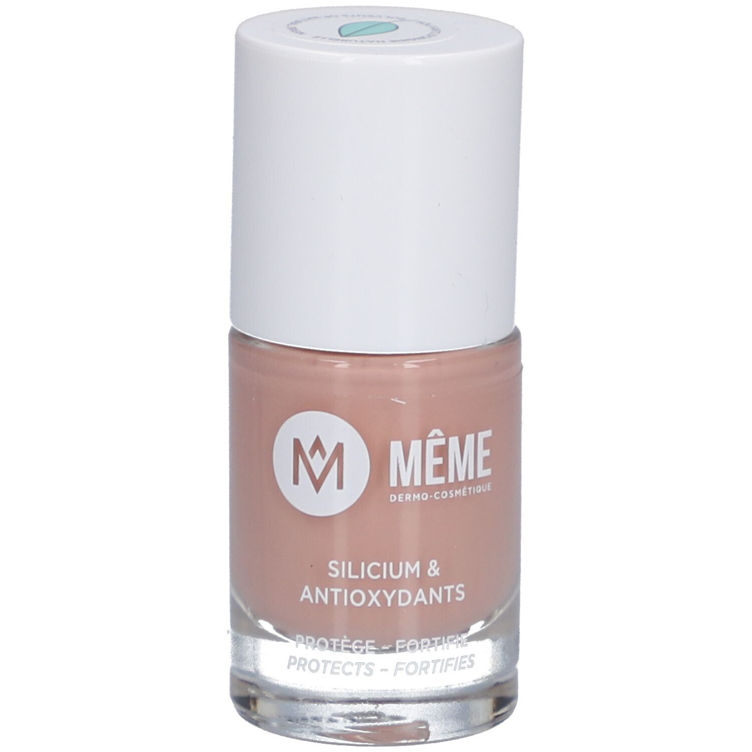 Nagellackflasche, beige. Weißer Deckel. Aufschrift: MEME, Silicium & Antioxidantien.