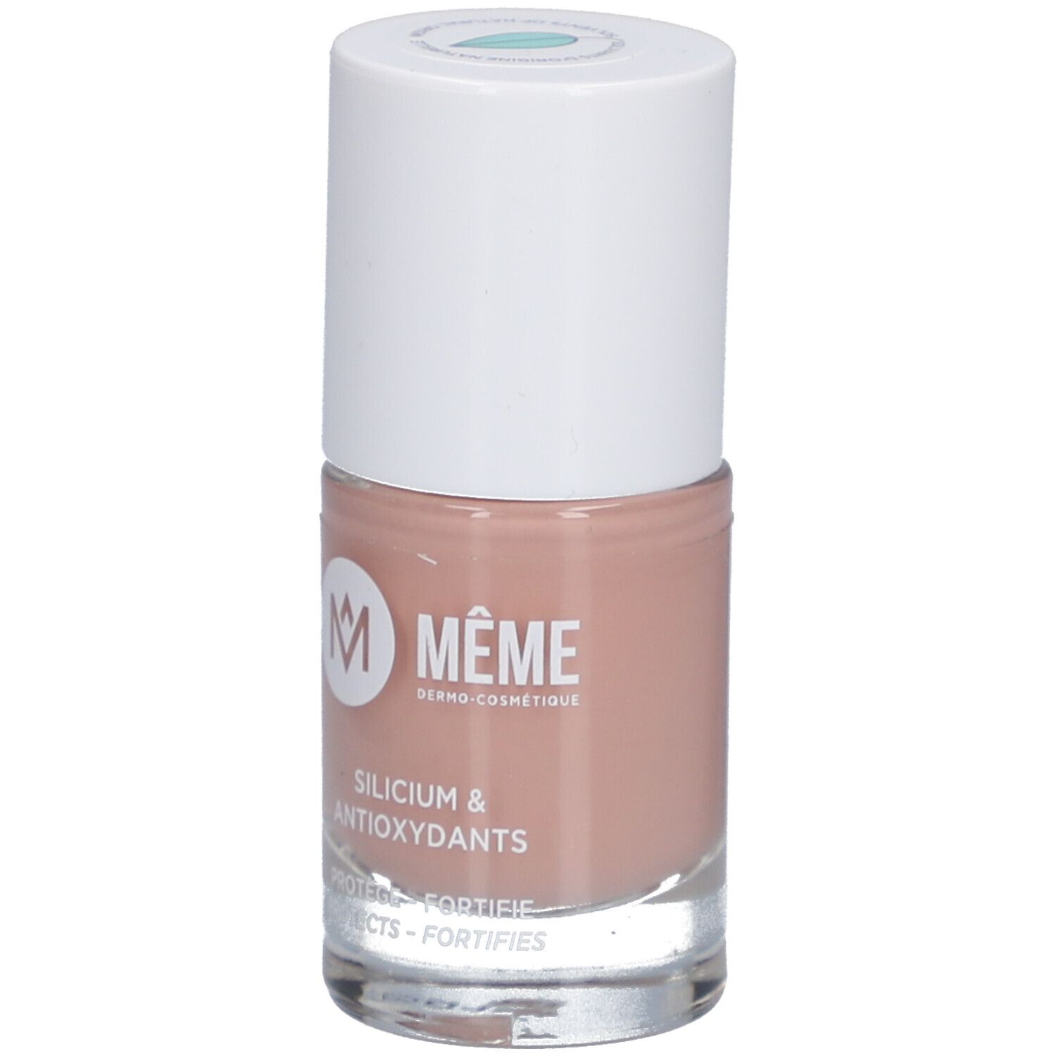 Nagellackflasche, beige. Weißer Deckel. Aufschrift: MEME, Silicium & Antioxidantien.