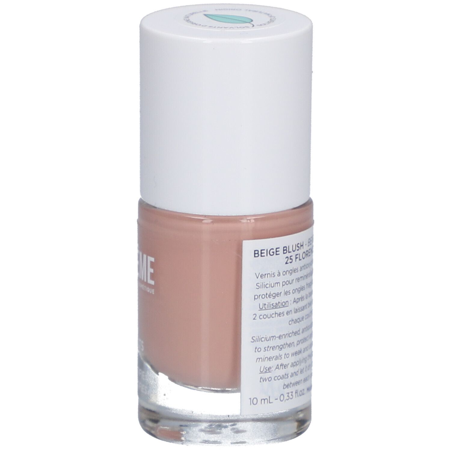 Nagellackflasche, beige. Weißer Deckel. Aufschrift: Beige Blush 25 Florence. Rückseite mit Text.