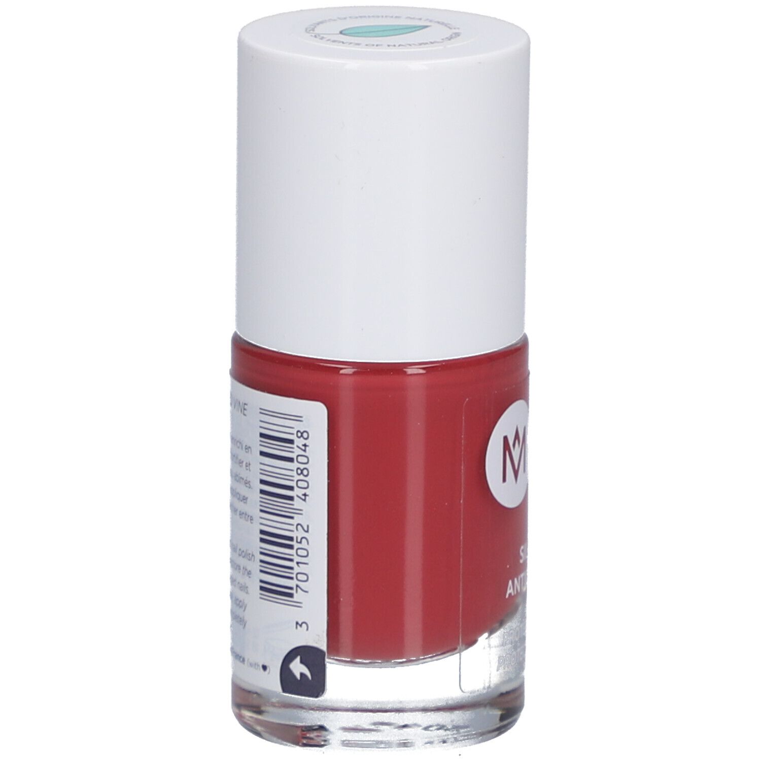 Nagellackflasche, rot. Rückseite mit Barcode und Produktinformationen. Marke: MÊME.