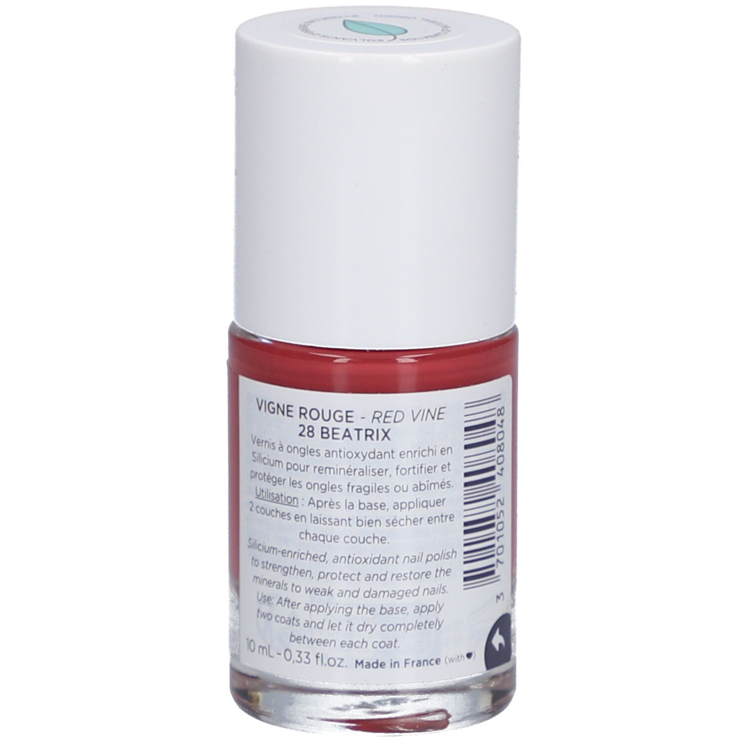 Nagellackflasche, rot. Aufschrift: Vigne Rouge - Red Vine 28 Beatrix. 10 ml. Made in France.