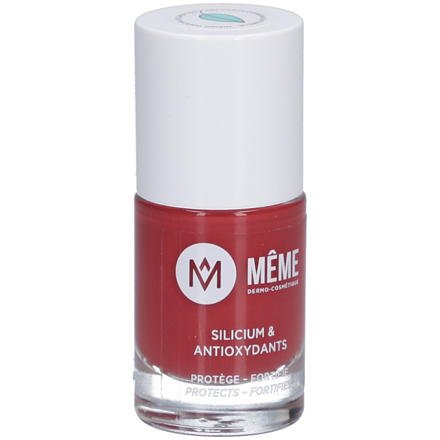 Nagellackflasche, rot. Marke: MÊME. Aufschrift: Silicium & Antioxydants. Schützt, stärkt.