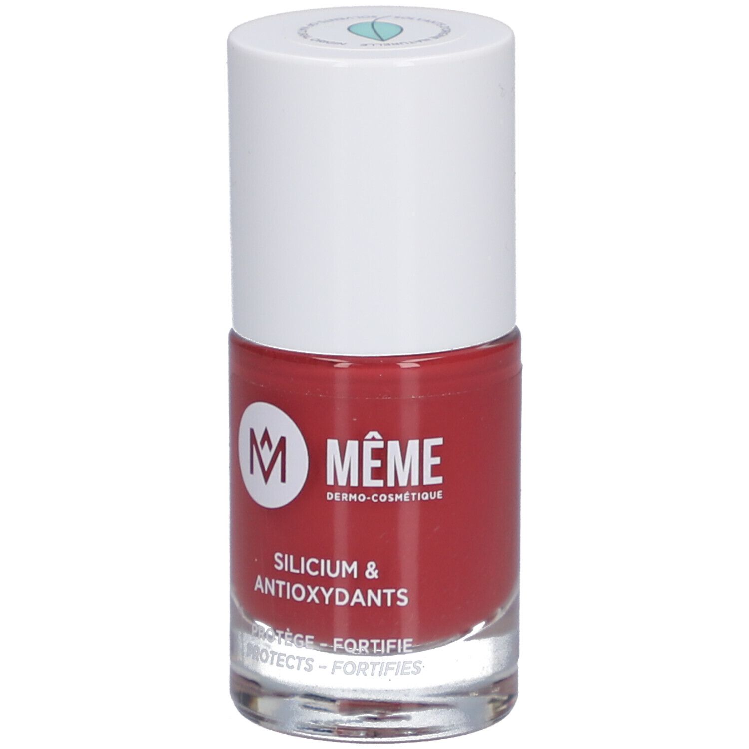 Nagellackflasche, rot. Marke: MÊME. Aufschrift: Silicium & Antioxydants. Schützt, stärkt.