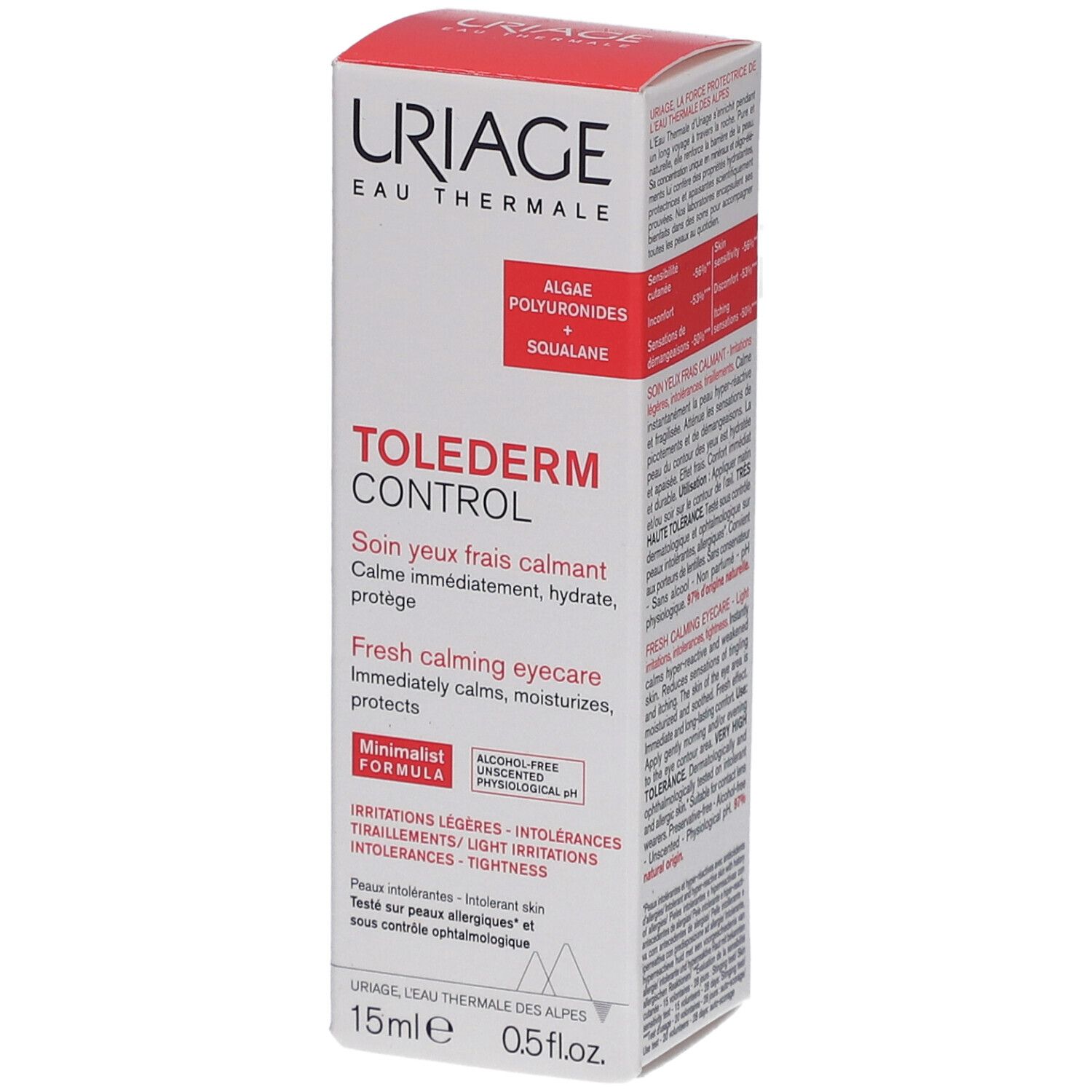 Boîte Uriage Tolederm Control. Texte: ToleDerm Control, Soin yeux frais calmant, Fresh calming eyecare, 15ml, 0.5 fl.oz. Ingrédients.