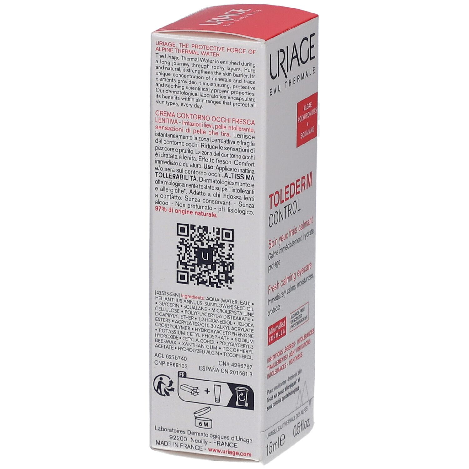 Boîte Uriage Tolederm Control. Texte: Crème contour des yeux fraîche, 15ml, 0.5 fl.oz. Code QR. Ingrédients. 97% d'origine naturelle.