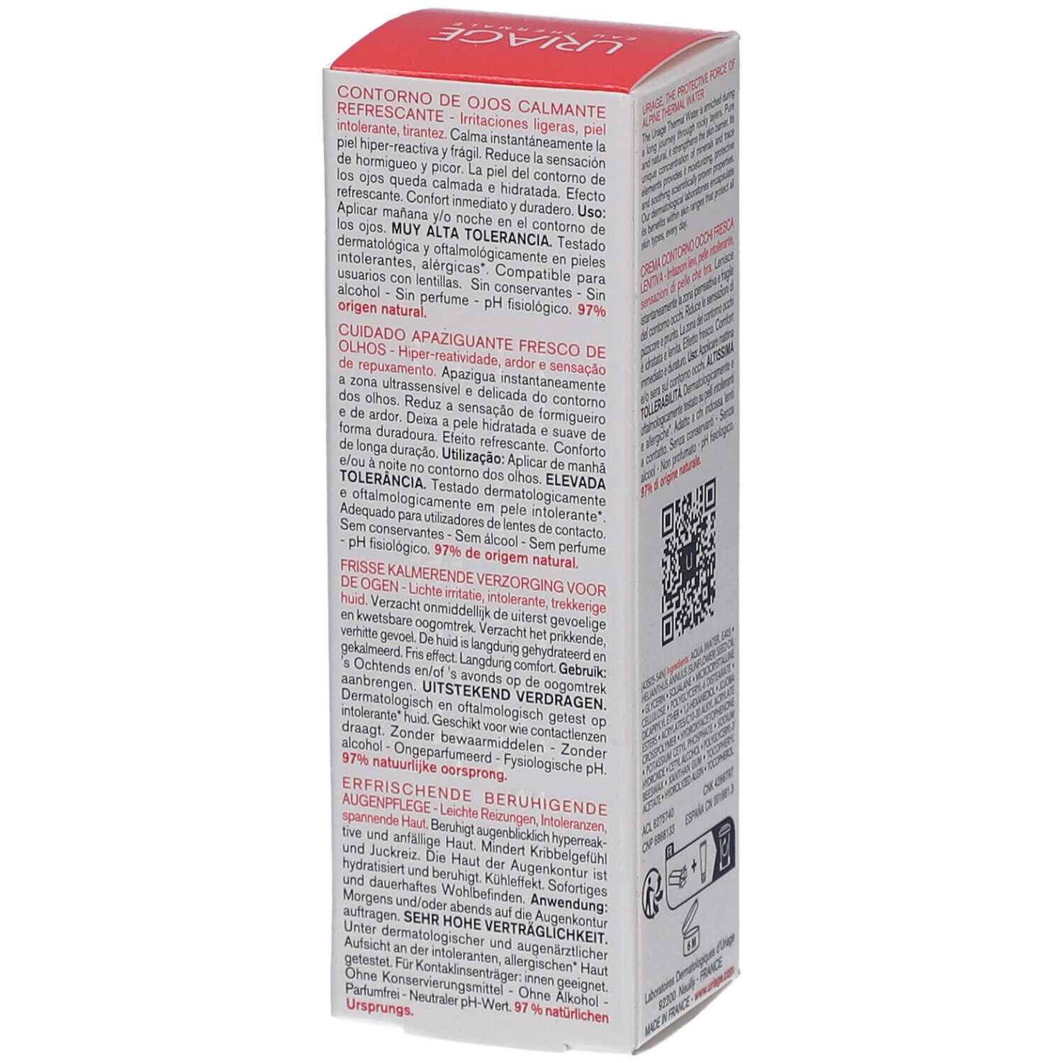 Boîte Uriage Tolederm Control. Texte: Contorno de ojos calmante, 15ml, 0.5 fl.oz. 97% d'origine naturelle. Code QR.