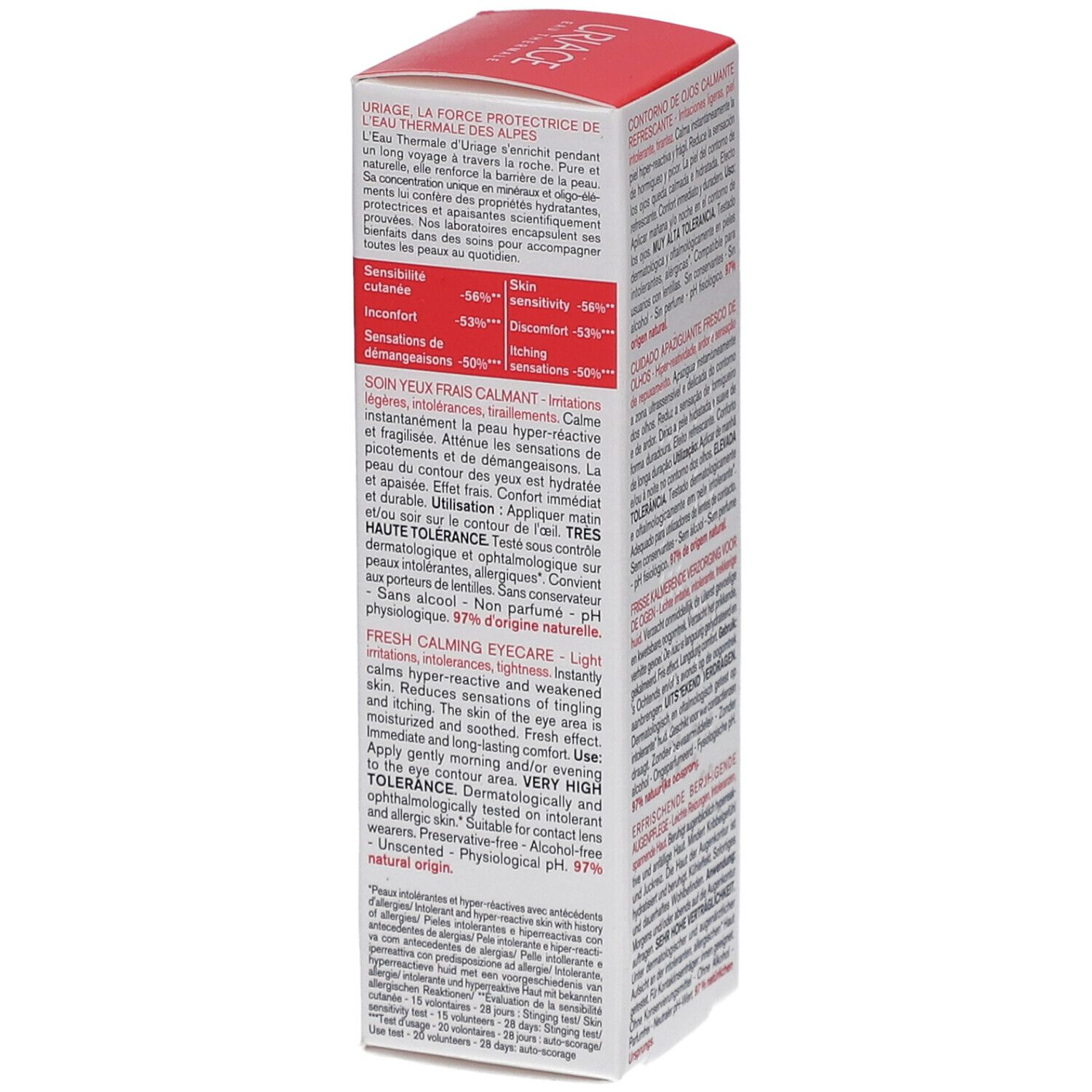 Boîte Uriage Tolederm Control. Texte: Soin yeux frais calmant, 15ml, 0.5 fl.oz. 97% d'origine naturelle. Code QR.