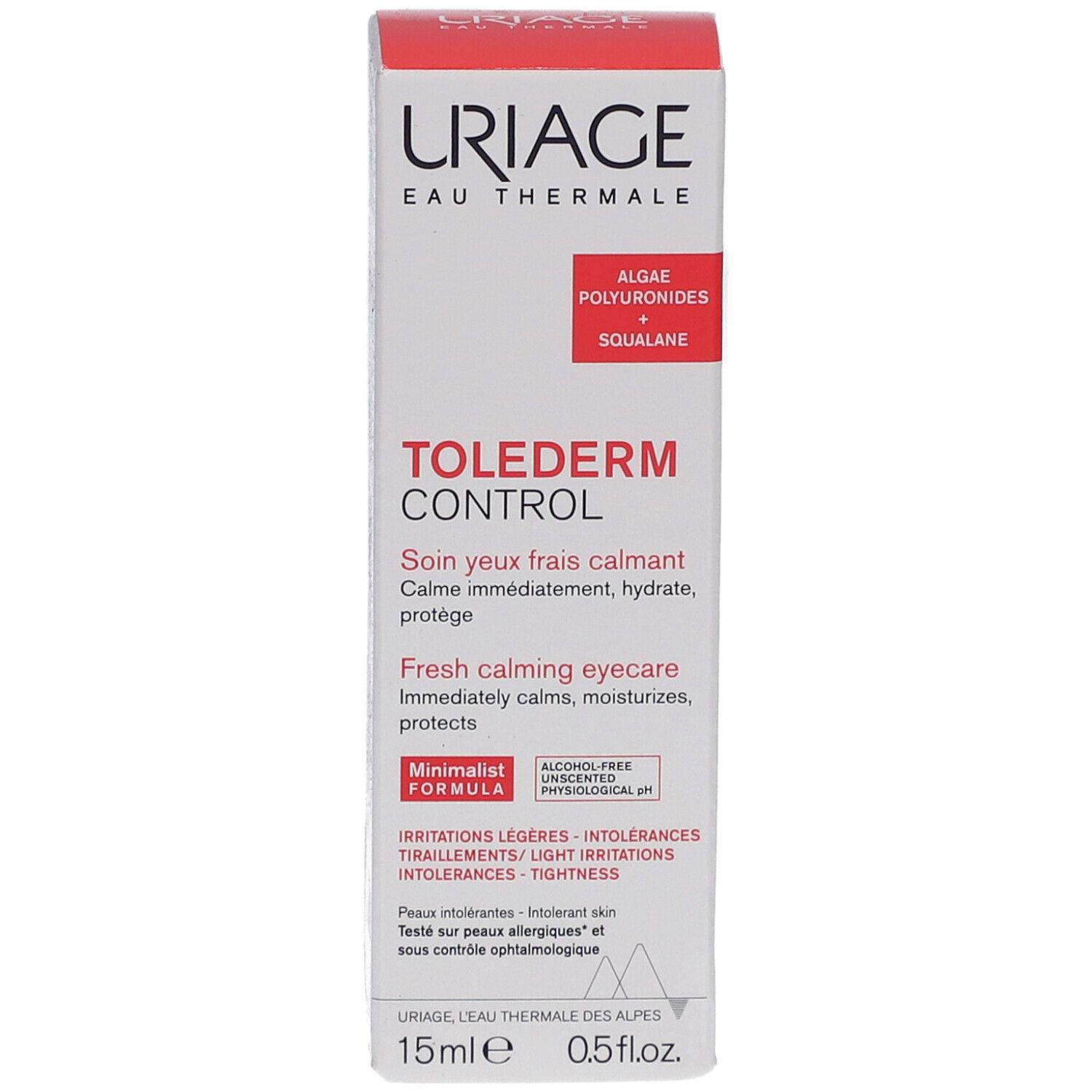 Boîte Uriage Tolederm Control. Texte: ToleDerm Control, Soin yeux frais calmant, Fresh calming eyecare, 15ml, 0.5 fl.oz.