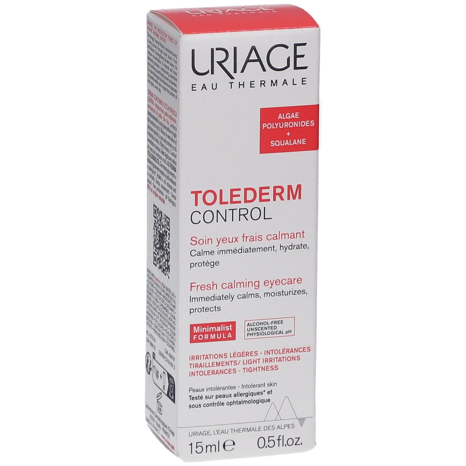 Boîte Uriage Tolederm Control. Texte: ToleDerm Control, Soin yeux frais calmant, Fresh calming eyecare, 15ml, 0.5 fl.oz.