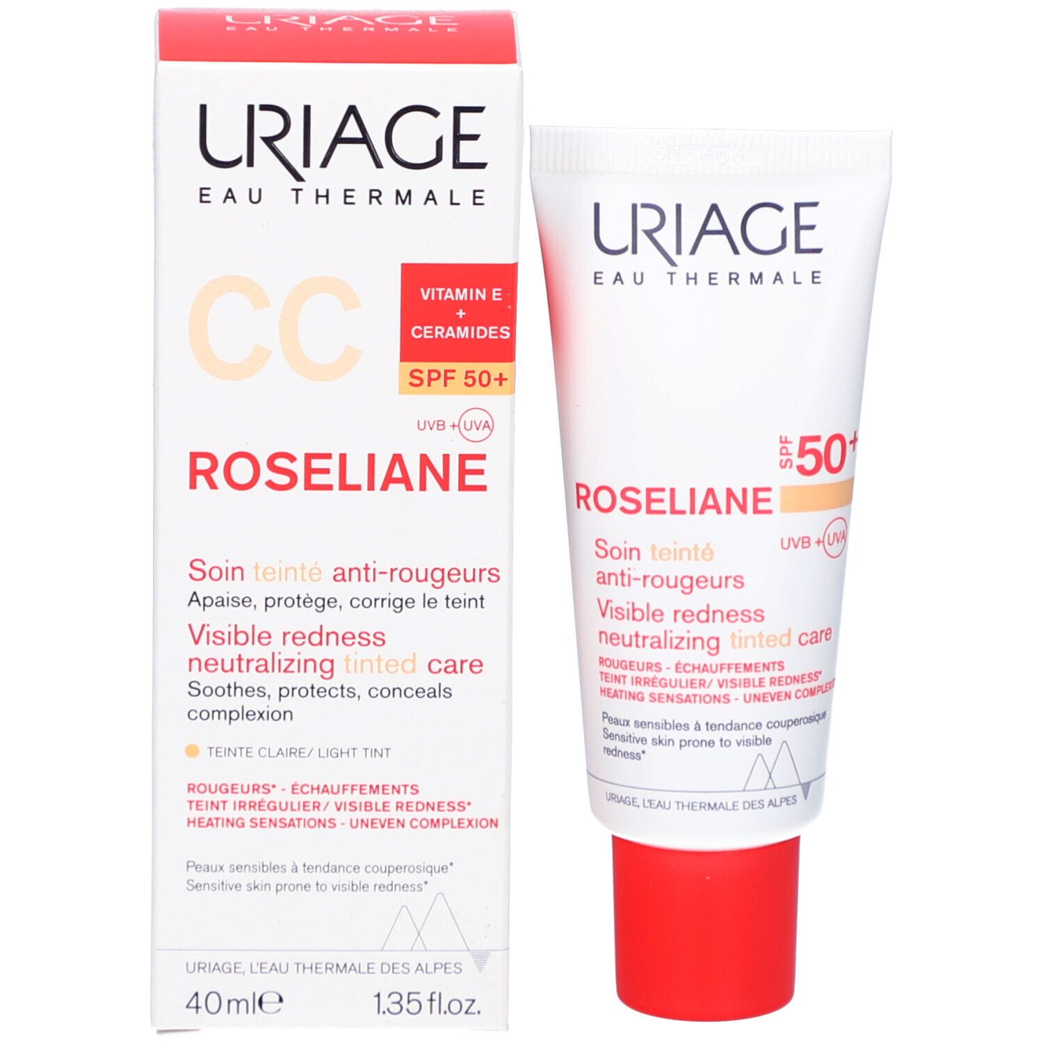 Produktverpackung: Tube und Schachtel. Aufschrift: Uriage, Roséliane, CC, SPF 50+. Für empfindliche Haut.