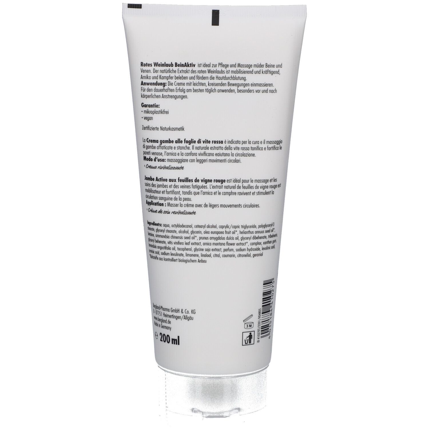 Dos du tube de crème avec texte. Ingrédients, instructions d'utilisation et informations du fabricant.