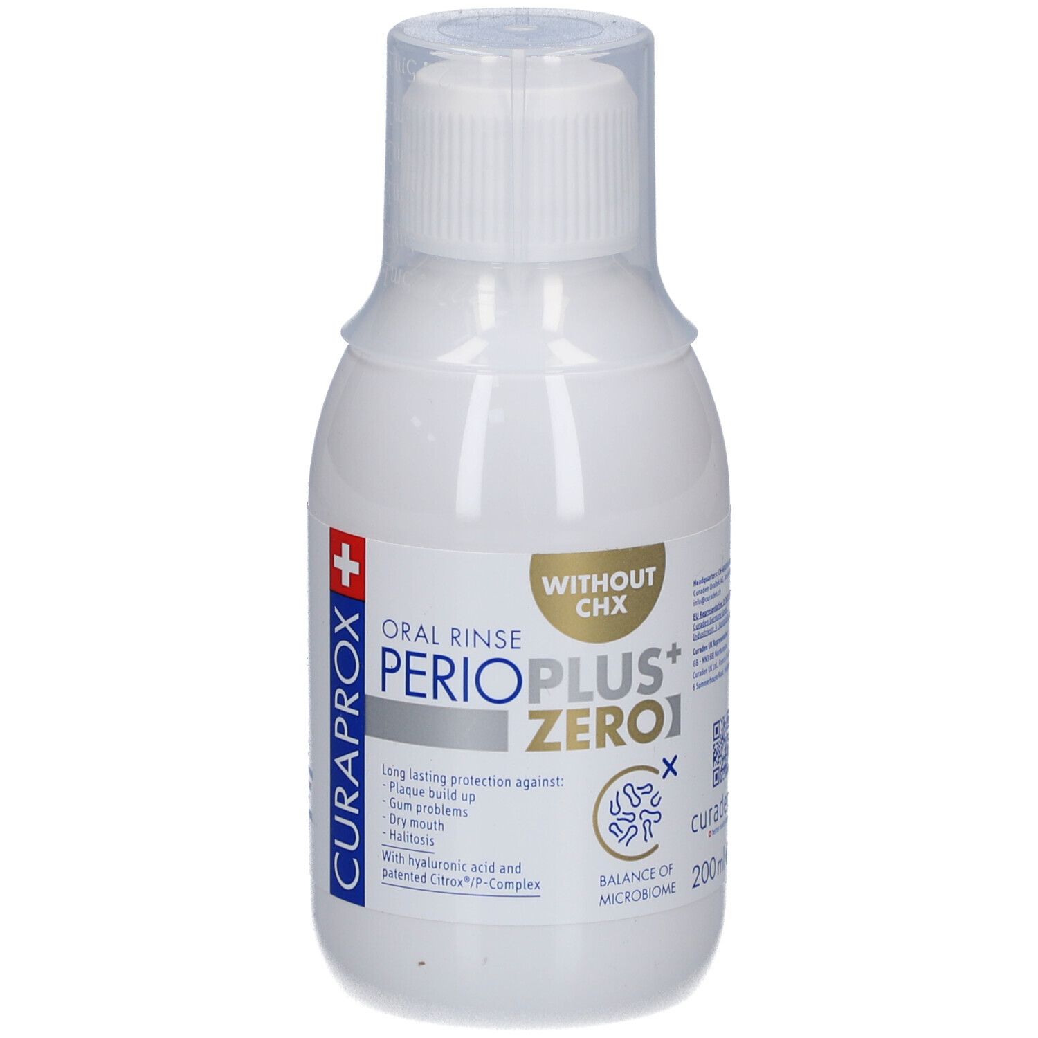 Flacon blanc de bain de bouche. Inscription: PERIO PLUS+ ZERO1, sans CHX. Marque: CURAPROX.