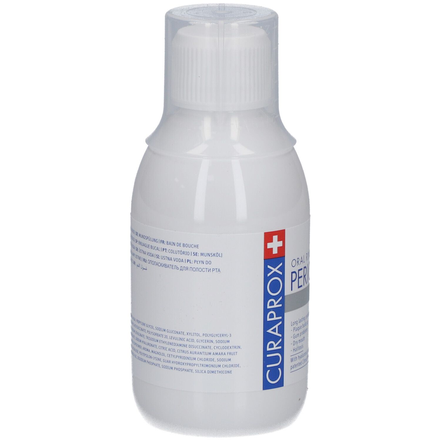 Dos du flacon blanc de bain de bouche. Texte multilingue, marque: CURAPROX.