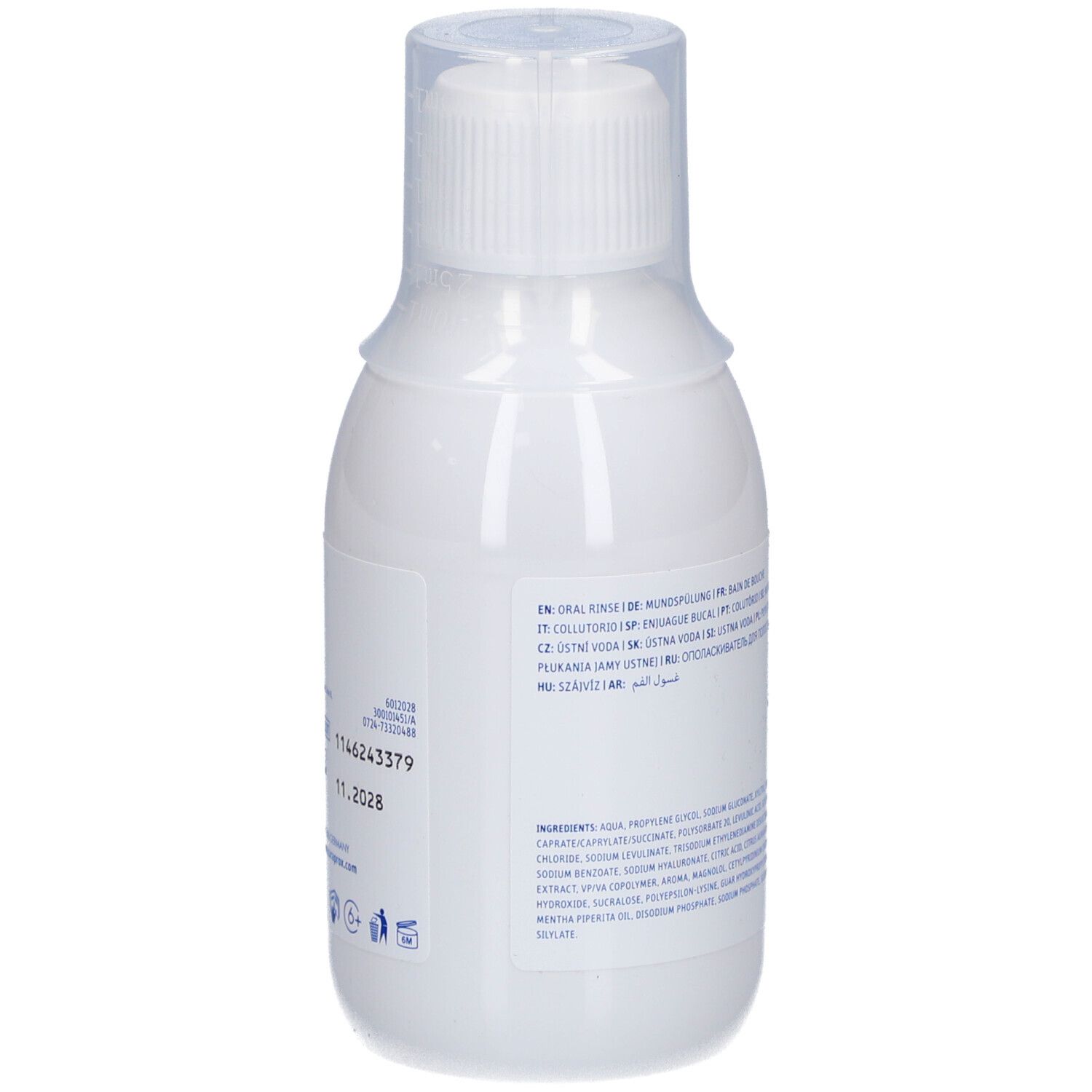 Dos du flacon blanc de bain de bouche. Liste des ingrédients, numéro de lot, date de péremption.