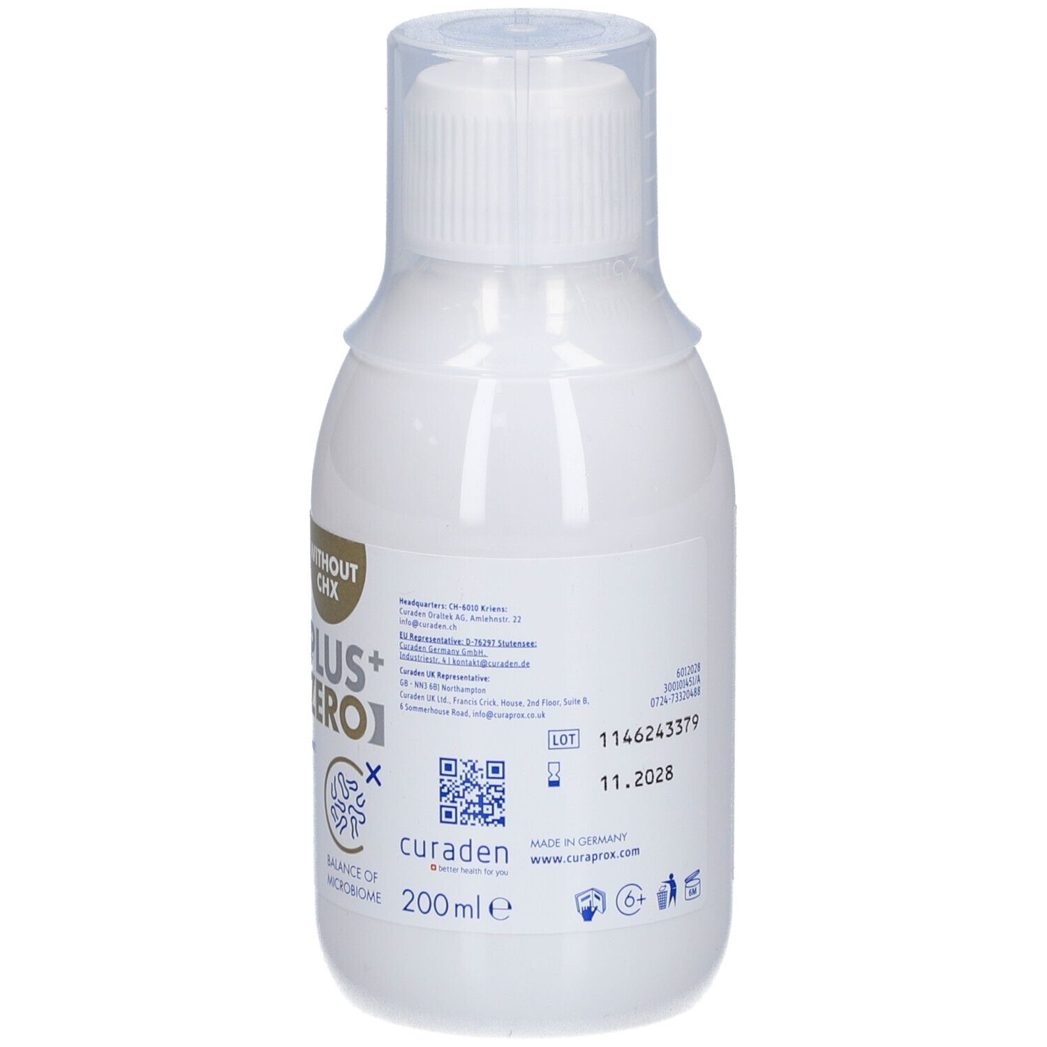 Dos du flacon blanc de bain de bouche. Code QR, informations fabricant, date de péremption.