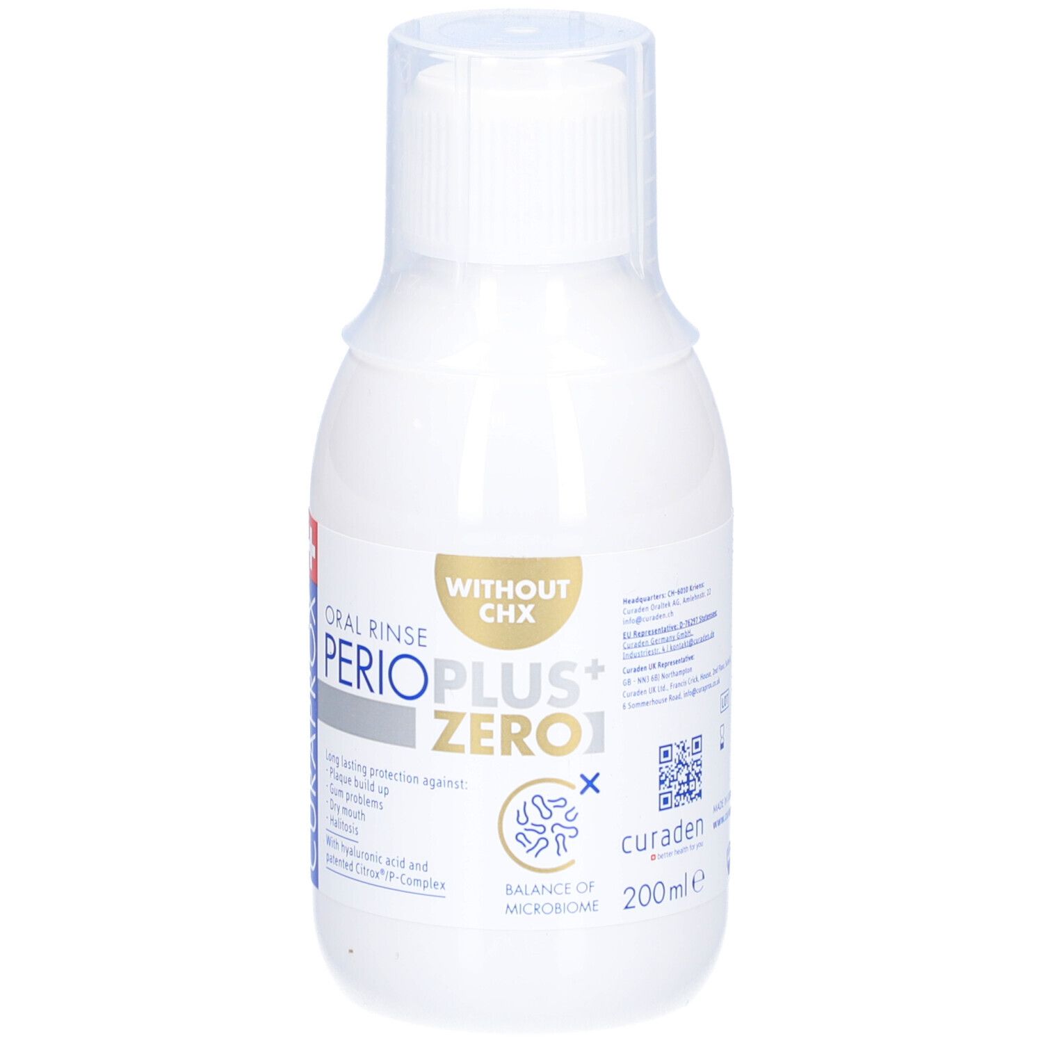 Flacon blanc de bain de bouche. Inscription: PERIO PLUS+ ZERO1, sans CHX. Marque: CURAPROX.