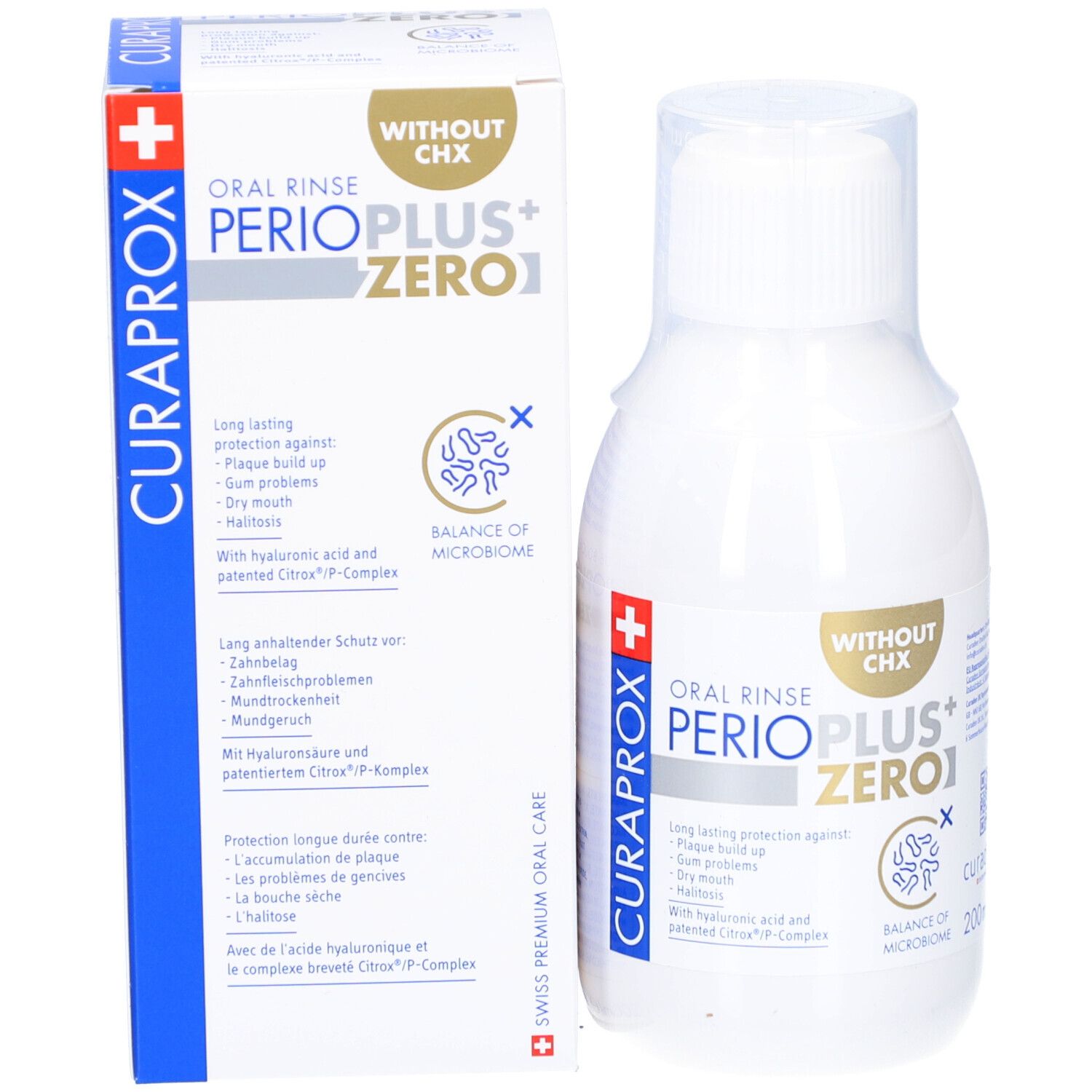 Emballage et flacon de bain de bouche. Inscription: PERIO PLUS+ ZERO1, sans CHX. Marque: CURAPROX.