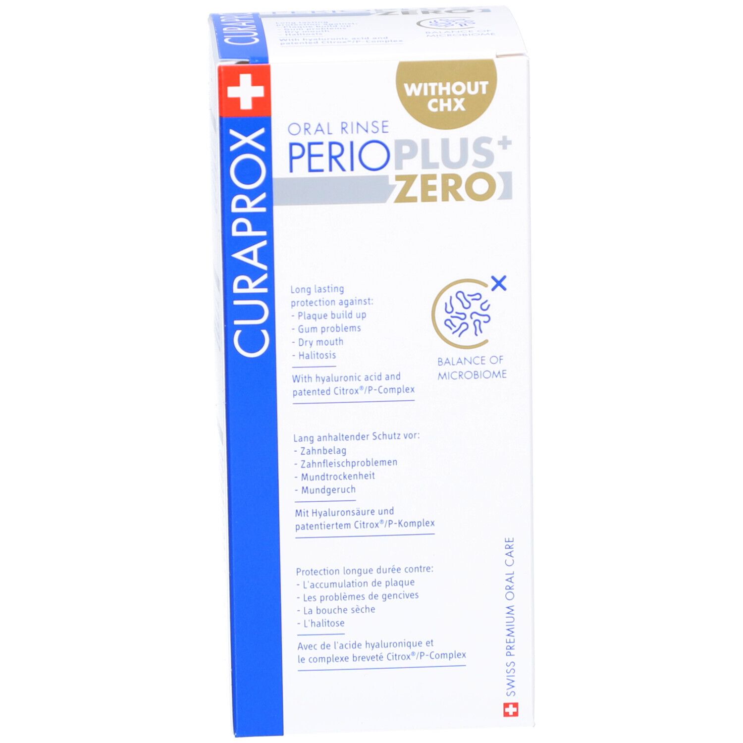 Emballage du produit. Inscription: PERIO PLUS+ ZERO1, sans CHX. Marque: CURAPROX.