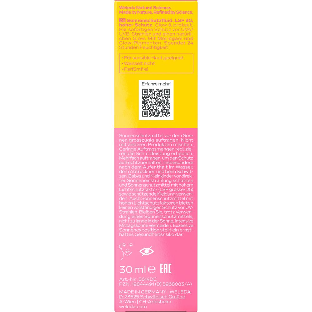 Rückseite der Tube. Text in mehreren Sprachen. 30 ml. QR-Code. Hergestellt in Deutschland.