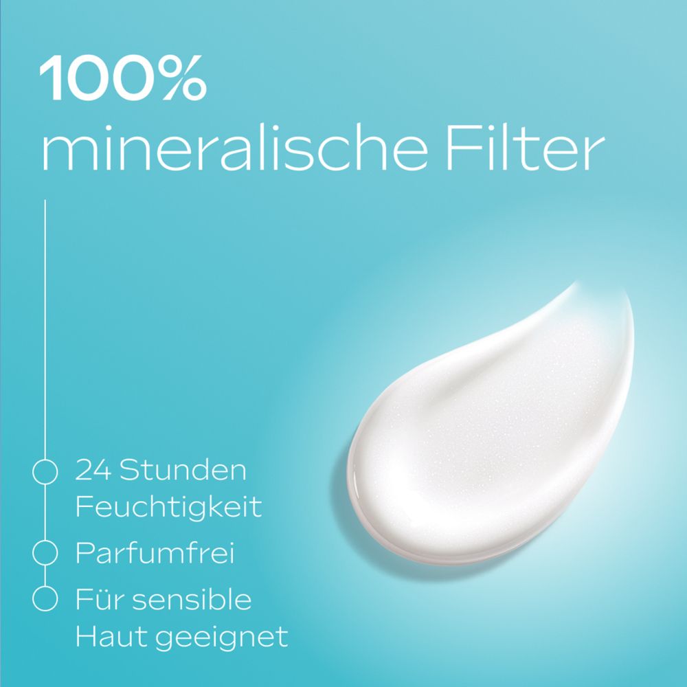 Weißes Produkt auf blauem Hintergrund. Text: 100% mineralische Filter. 24h Feuchtigkeit. Parfümfrei.