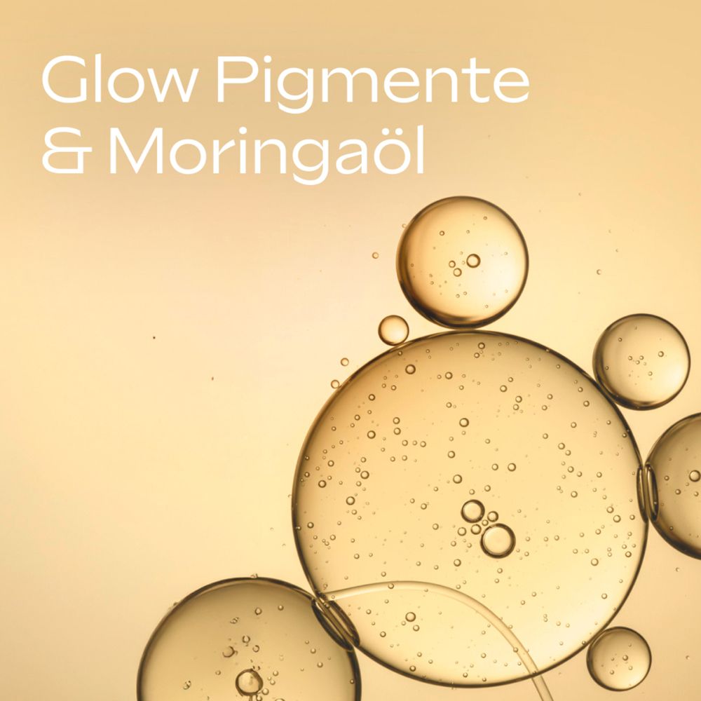 Nahaufnahme von Blasen. Text: Glow Pigmente & Moringaöl.