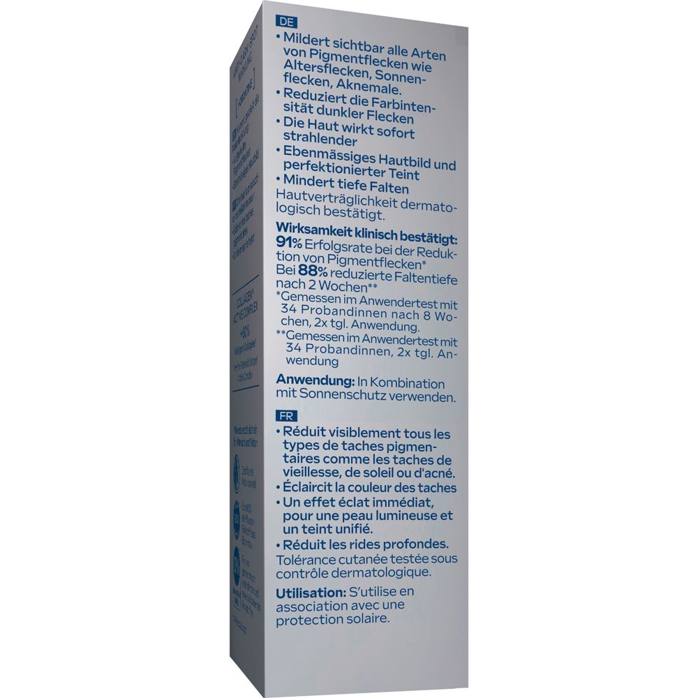 Verpackungstext: Wirksamkeit klinisch bestätigt. Reduziert Pigmentflecken. In Kombination mit Sonnenschutz verwenden.