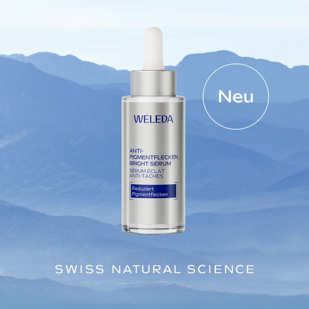 WELEDA Anti-Pigmentflecken Bright Serum. Flasche mit Pipette. Text: Swiss Natural Science. Neu.