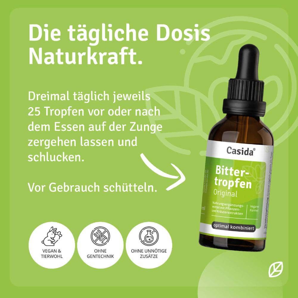 Flacon avec texte: "La dose quotidienne de force naturelle". Végétalien, sans OGM, sans additifs inutiles.